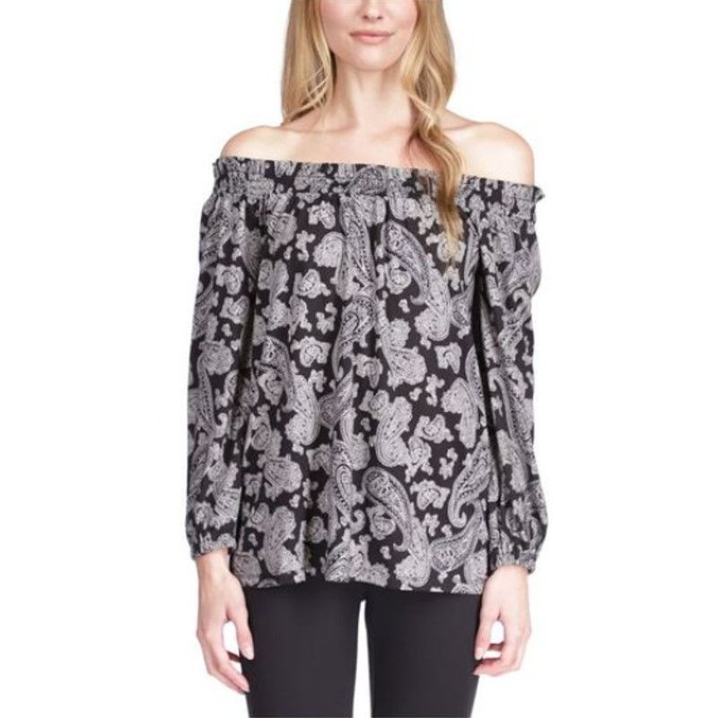 Michael Kors Women's Paisley Off-The-Shoulder Top Bone Size M in Black