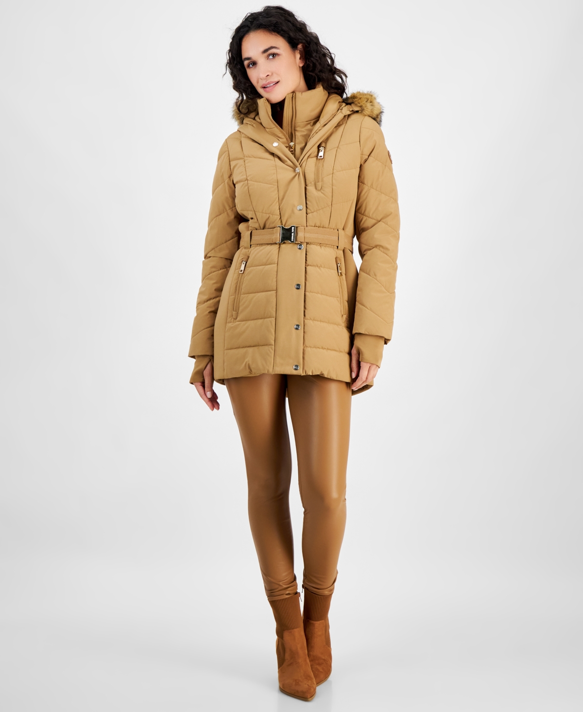 Michael Michael Kors Petite Belted Faux-Fur-Trim Hooded Puffer Coat - Dark Camel