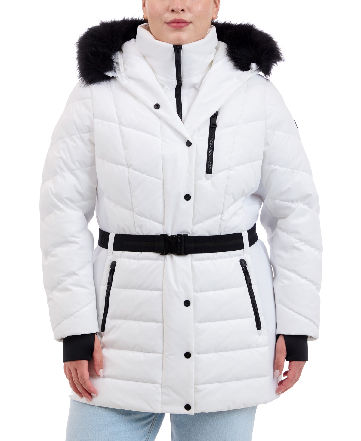 Michael Michael Kors Plus Size Belted Faux-Fur-Trim Hooded Puffer Coat - White