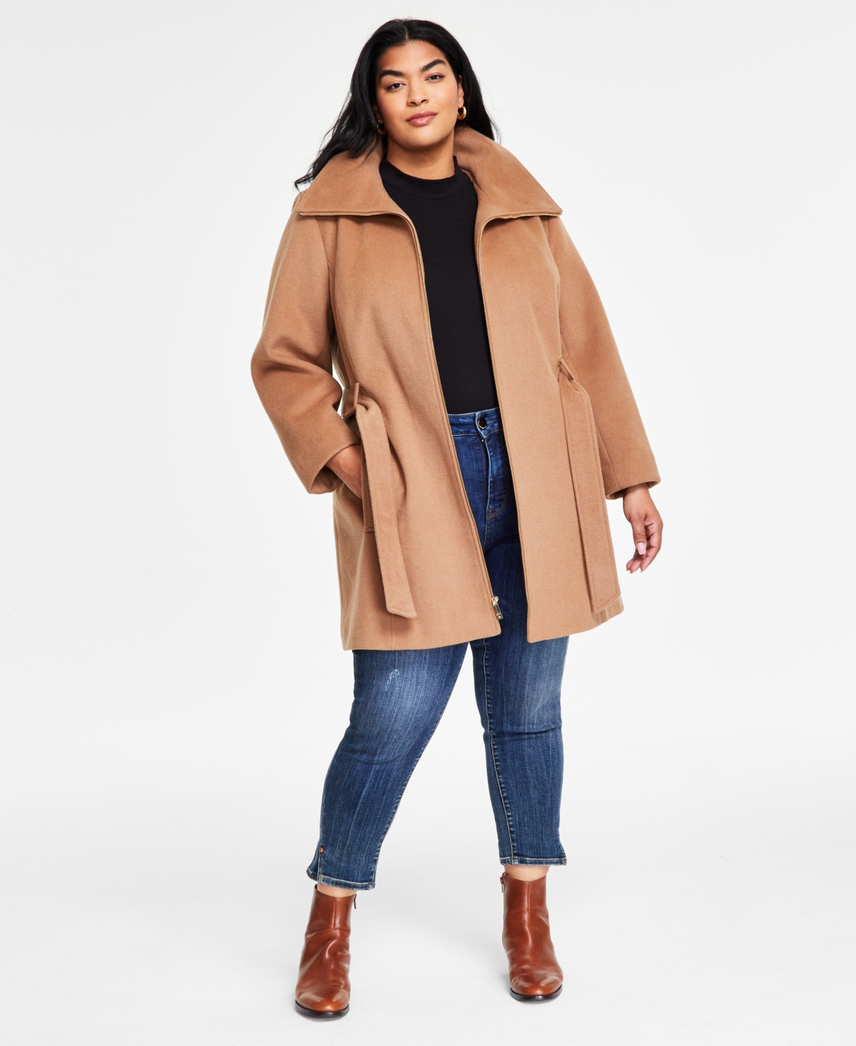 Michael Michael Kors Plus Size Belted Zip-Front Coat, Created for Macy's - Dark Camel