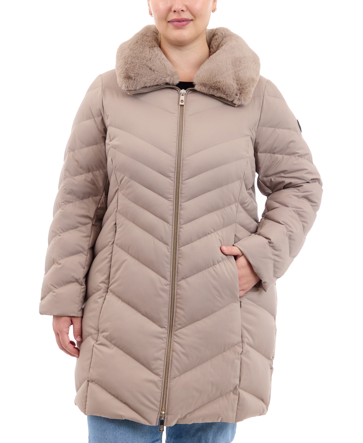 Michael Michael Kors Plus Size Faux-Fur-Collar Packable Puffer Coat, Created for Macy's - Taupe