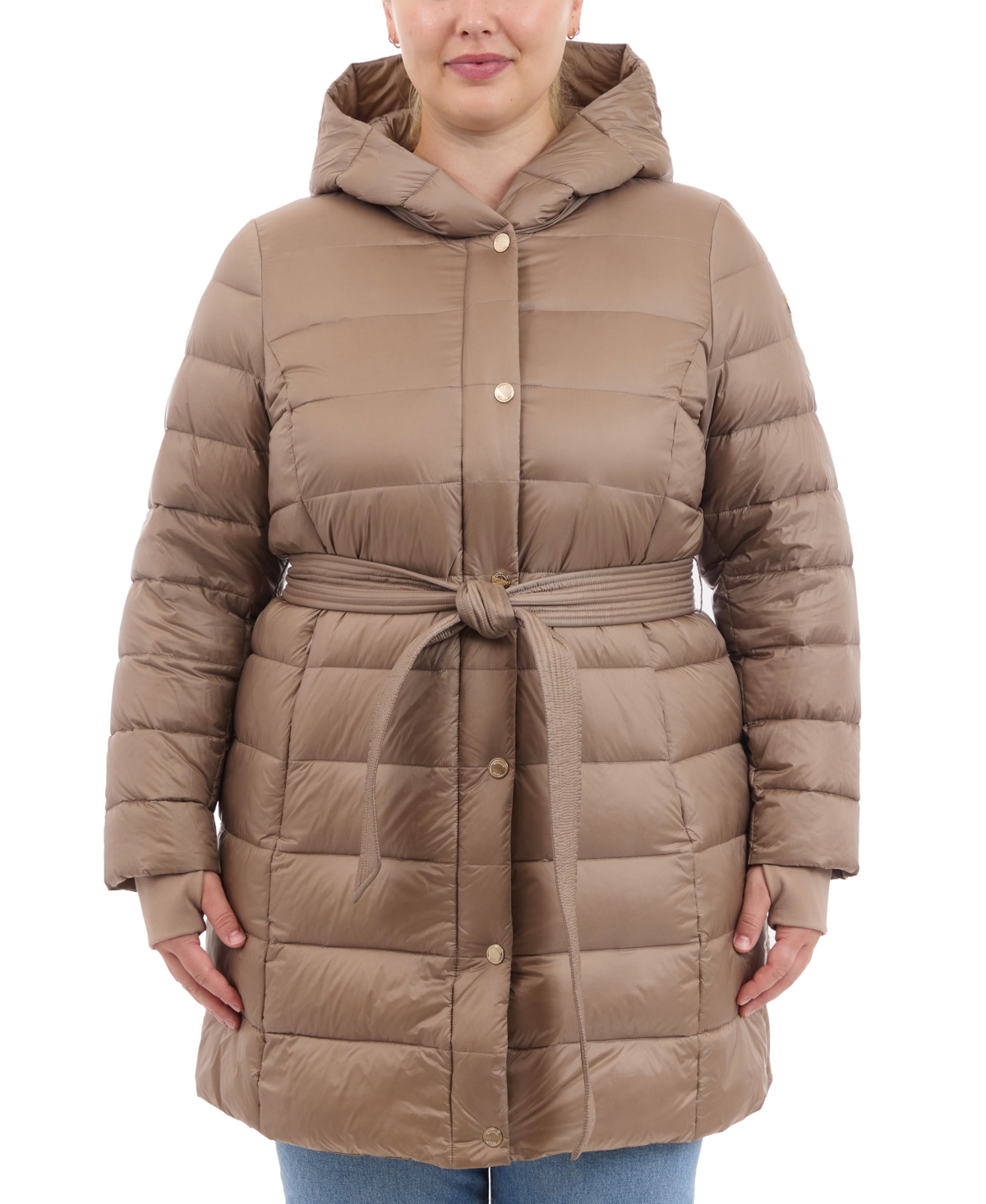 Michael Michael Kors Plus Size Hooded Belted Down Puffer Coat, Created for Macy's - Taupe