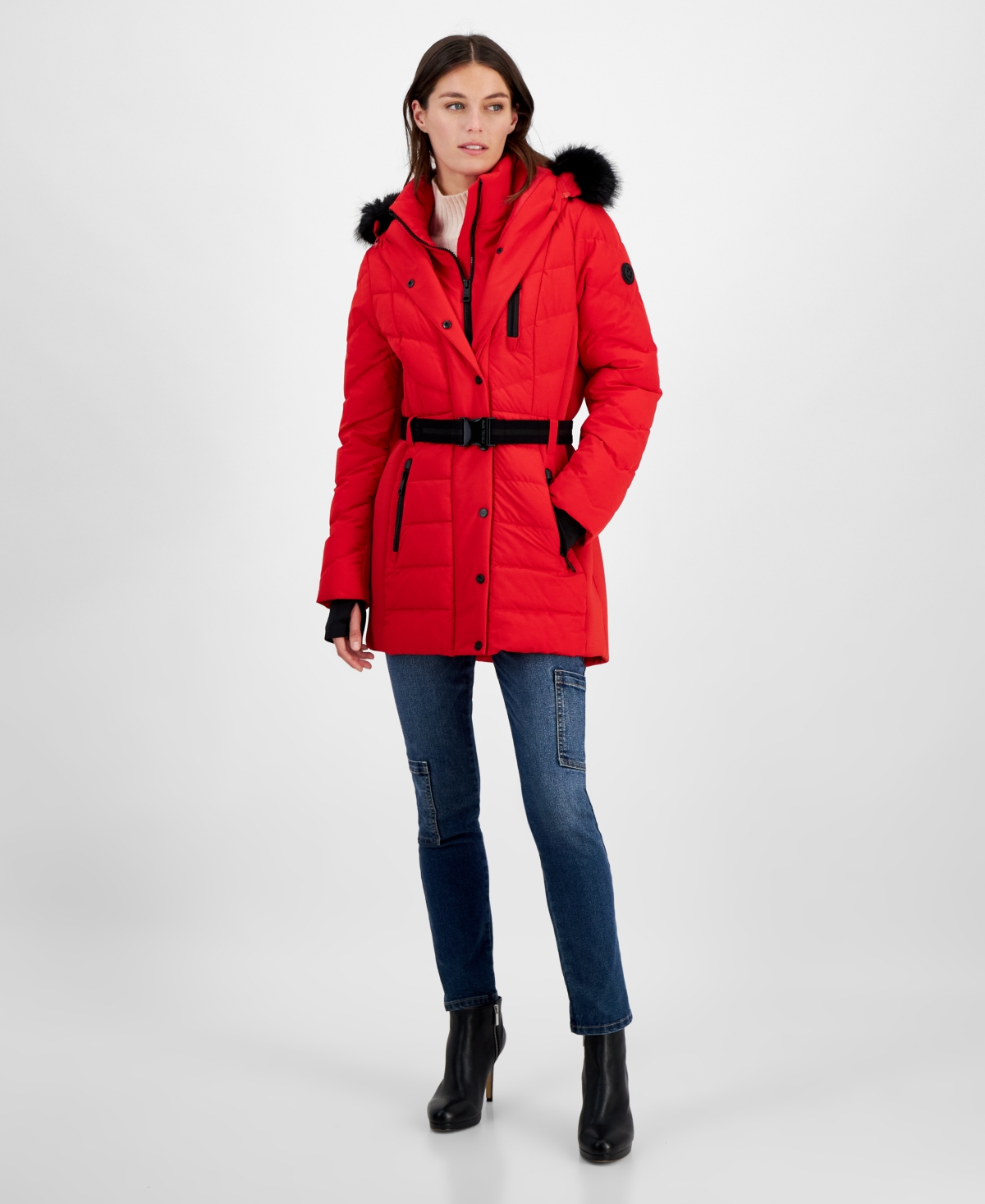 Michael Michael Kors Women's Belted Bibbed Hooded Puffer Coat - Red