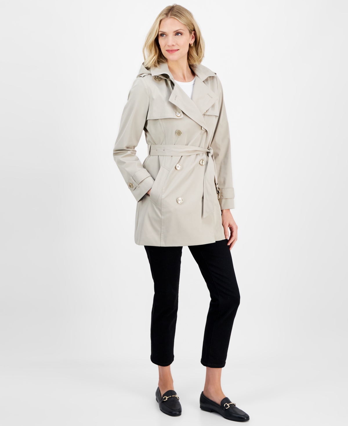 Michael Michael Kors Women's Double-Breasted Belted Hooded Coat, Exclusively at Macy's - Dune