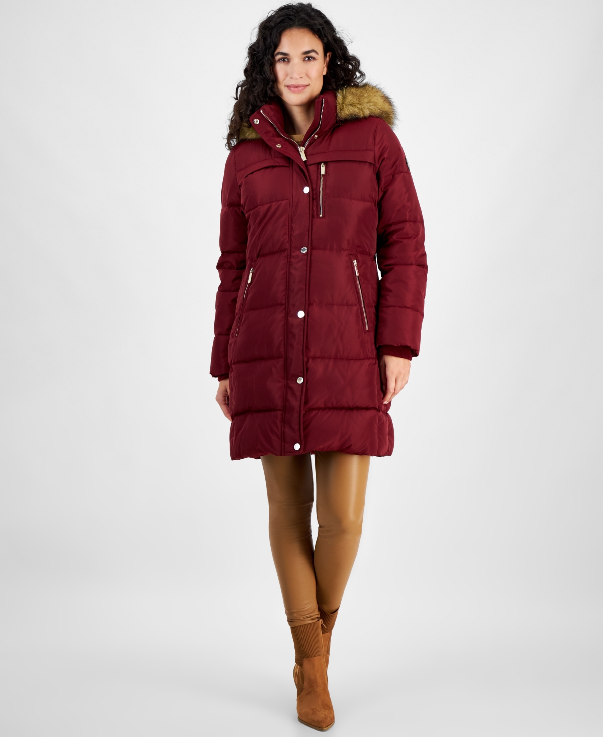 Michael Michael Kors Women's Faux-Fur-Trim Hooded Puffer Coat, Created for Macy's - Dark Brandy