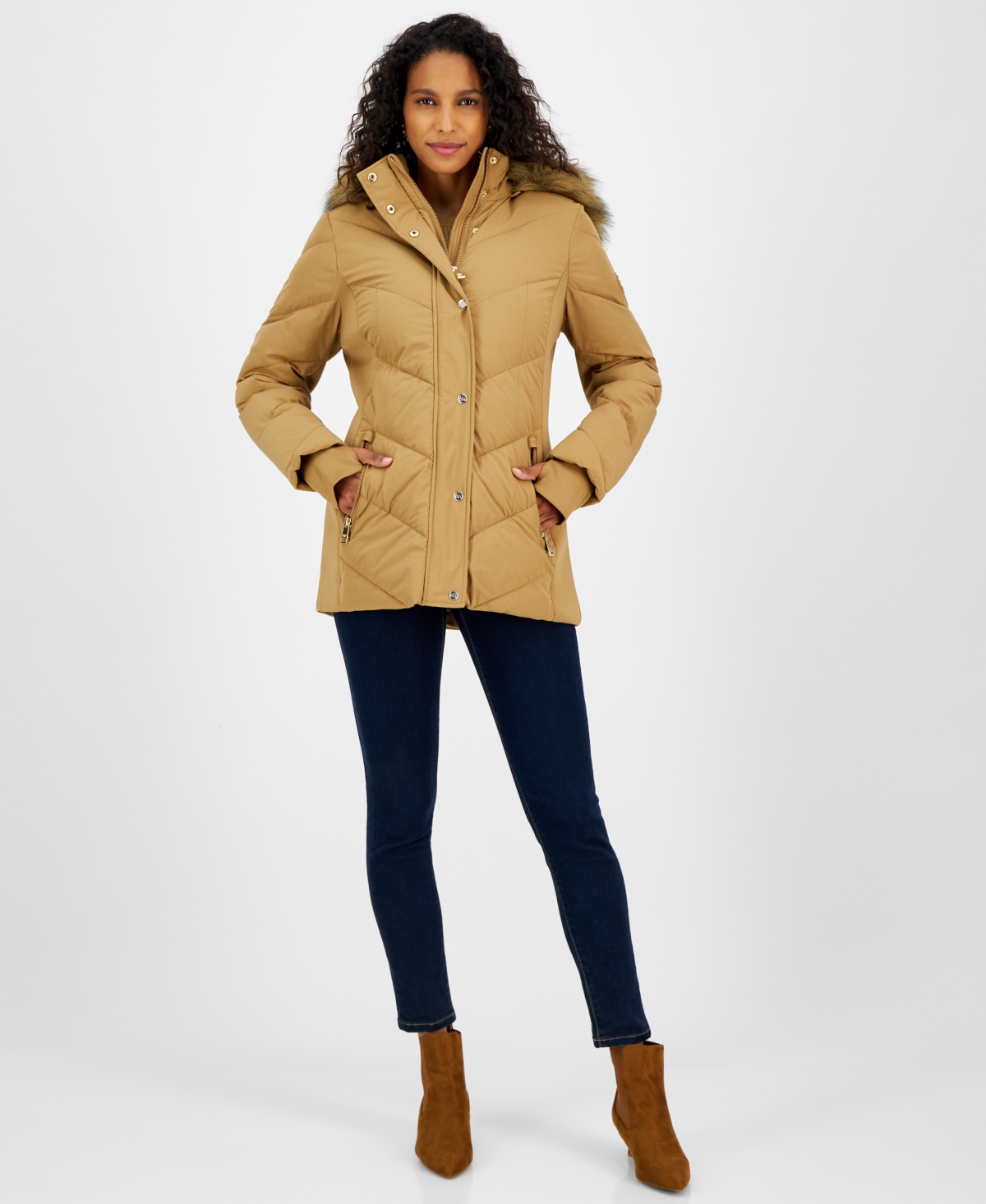 Michael Michael Kors Women's Faux-Fur-Trim Hooded Puffer Coat, Created for Macy's - Dark Camel