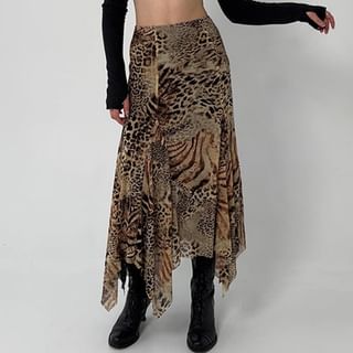 Mid Rise Leopard Print Asymmetrical Midi Mermaid Skirt