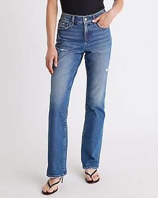 Mid Rise Medium Wash Ripped Bootcut Jeans