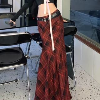 Mid Rise Plaid Maxi Mermaid Skirt