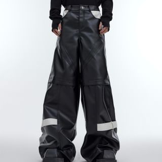 Mid Rise Two Tone Panel Faux Leather Wide Leg Pants