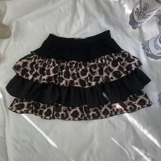 Mid Waist Plain Leopard Print Panel Tiered Mini A-Line Skirt / Leopard Print Fluffy Belt