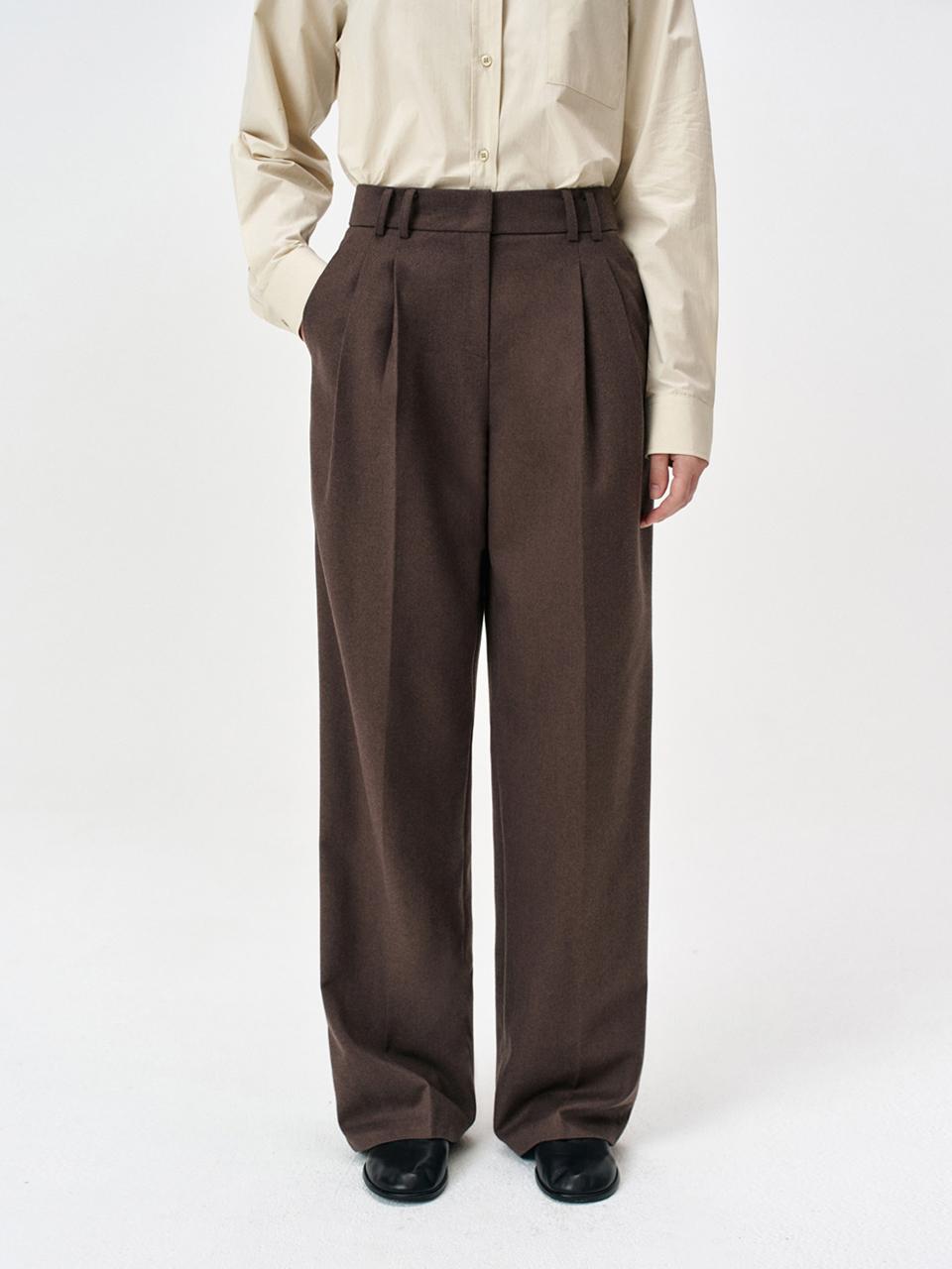 Mid-rise Pleated Wide-leg Tailored Pants [Brown]