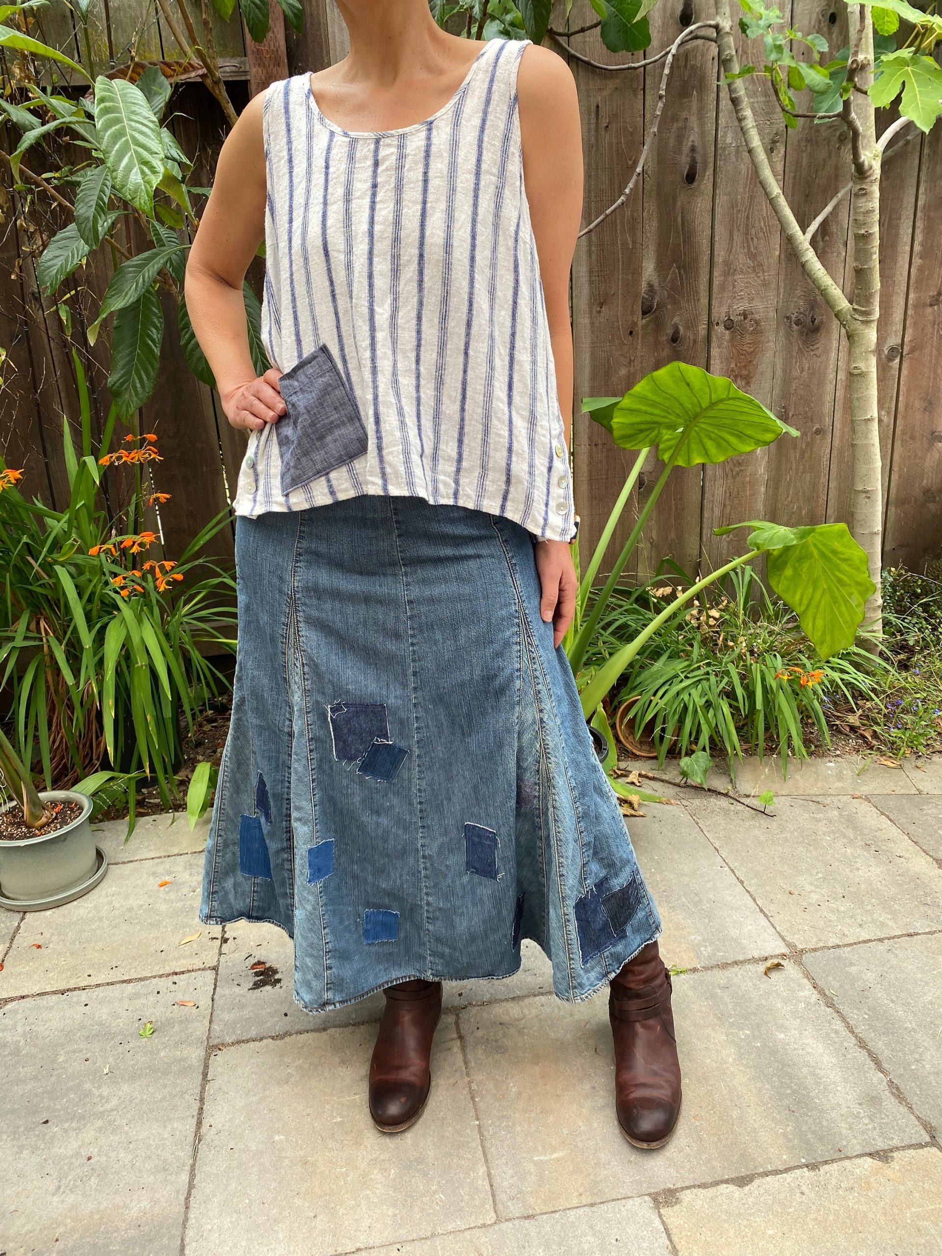 Midi Patched Flare Denim Skirt "Tamar' Size 4, Up-Cycled Skirt, Boho Jean Skirt