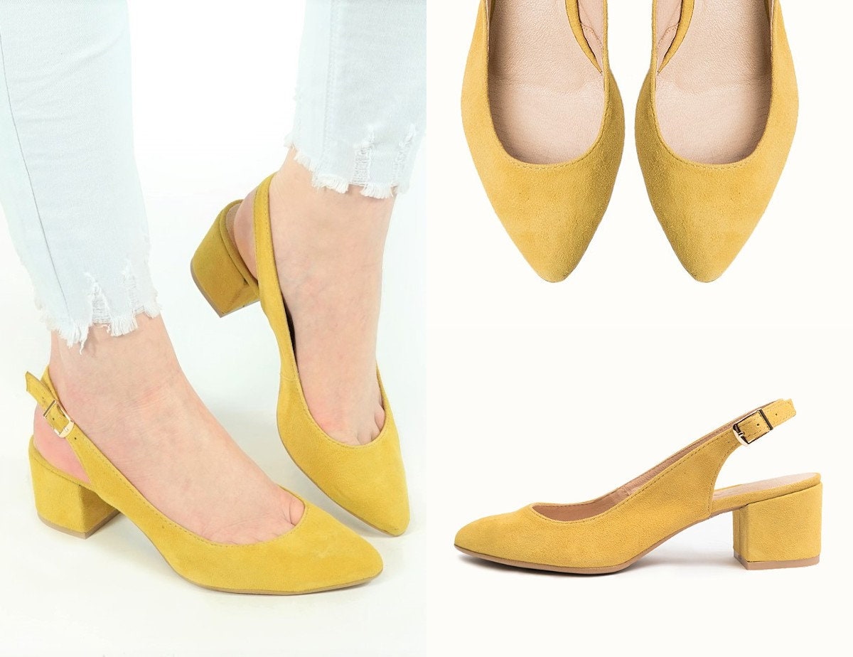 Mila - Leather Block Heels, Pointed Toe Slingback, Wedding Shoes, Yellow Heels, Closed Slingback, Green Heels, Camel Heels