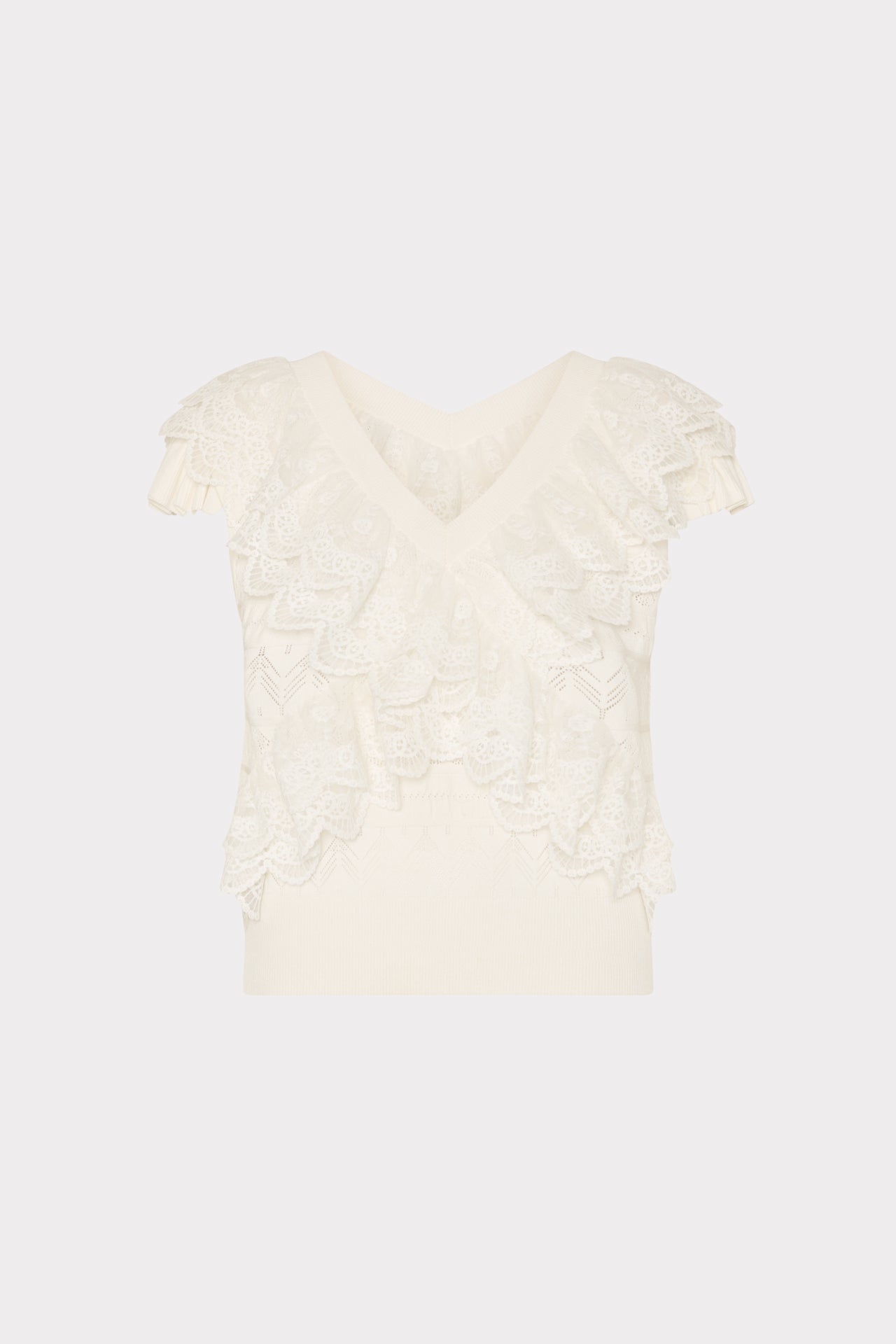 Milly Lace Ruffle Knit V-Neck Short Sleeve Top Petite