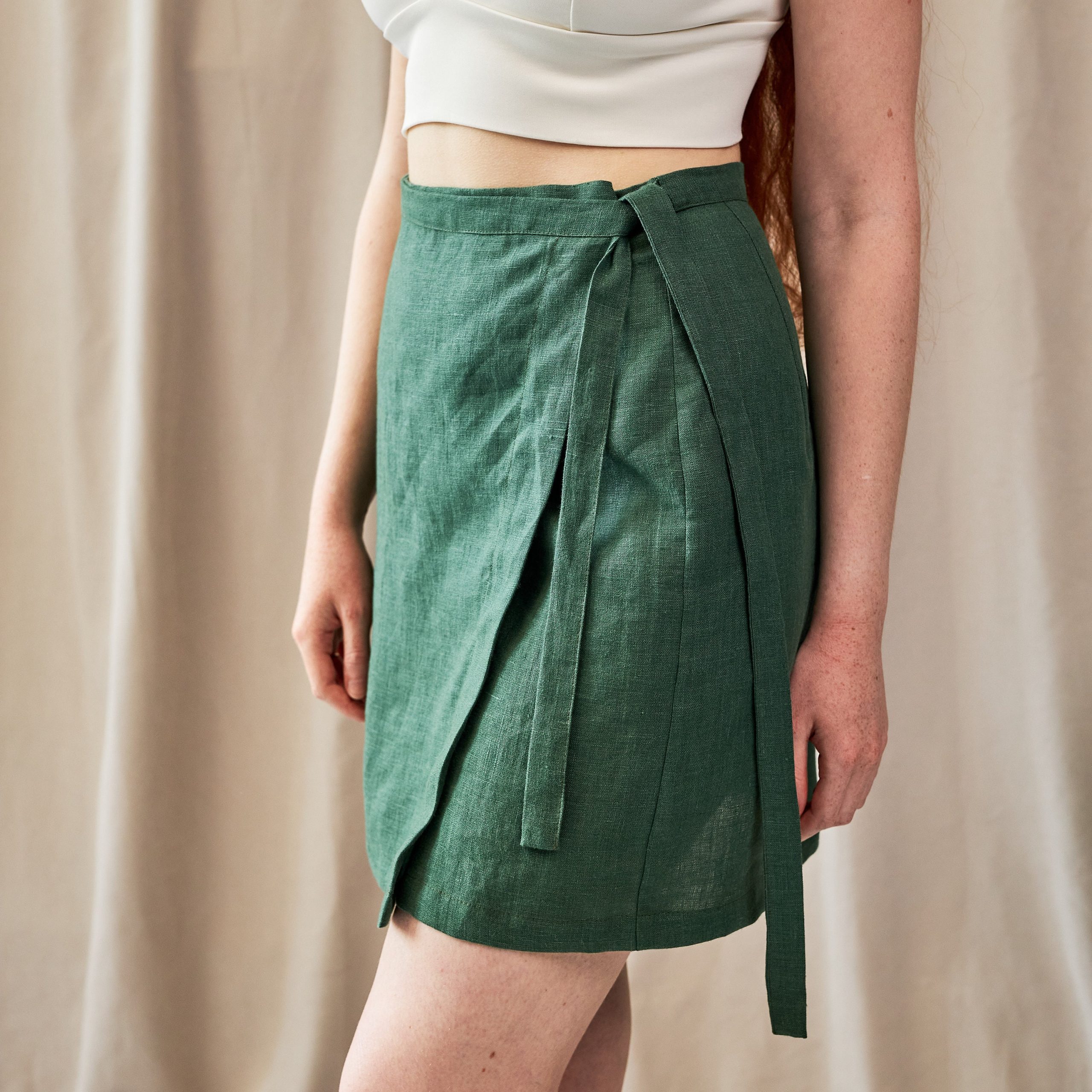 Mini Wrap Skirt, Linen Short Belted High Waisted Mini Circle Elegant Wrap Skirt Midi