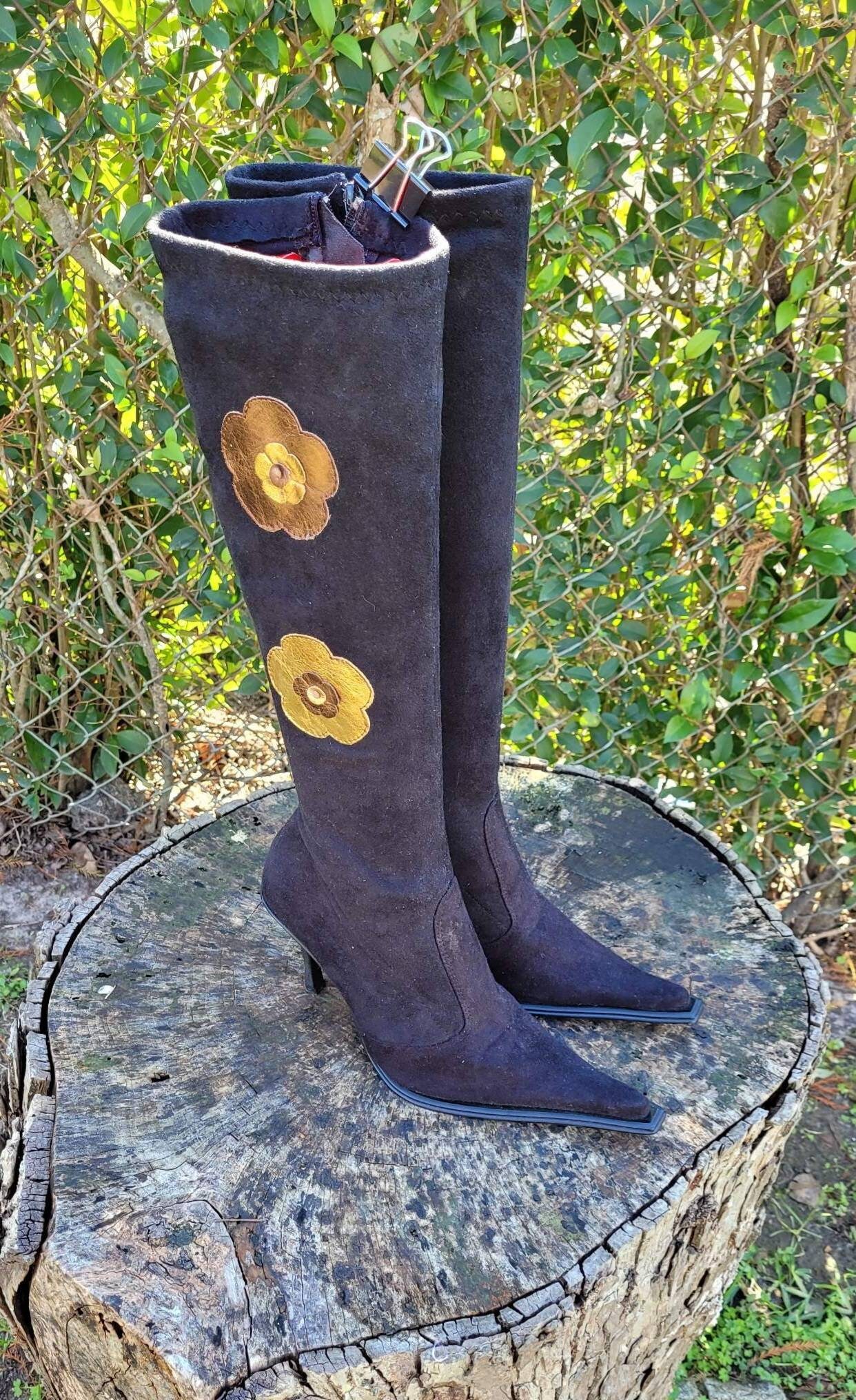 Minimalist Boho Flower Sock Boots/Black Suede Zip Up Stiletto Boots/Boho City/Hipster 7.5