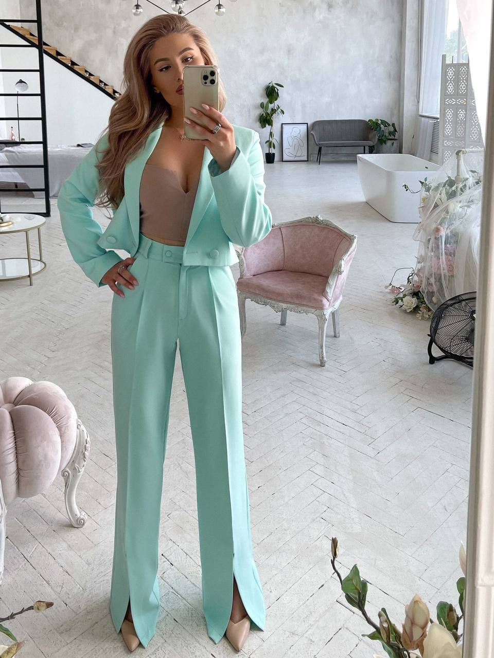 Mint Green Pantsuit For Women With Cropped Buttoned Blazer & Straight Pants Front Slits, Trouser Suit Women, Blazer