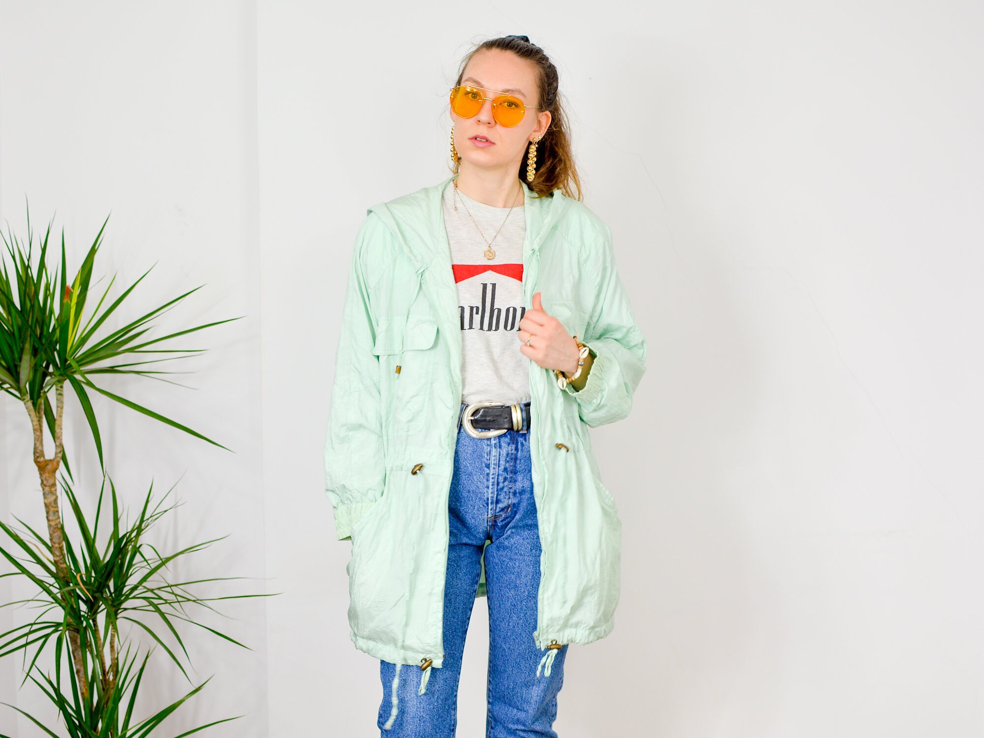 Mint Jacket Windbreaker Women Shell Nylon Green Parka Vintage 80S Lined Hooded Streetwear Oversized S/M