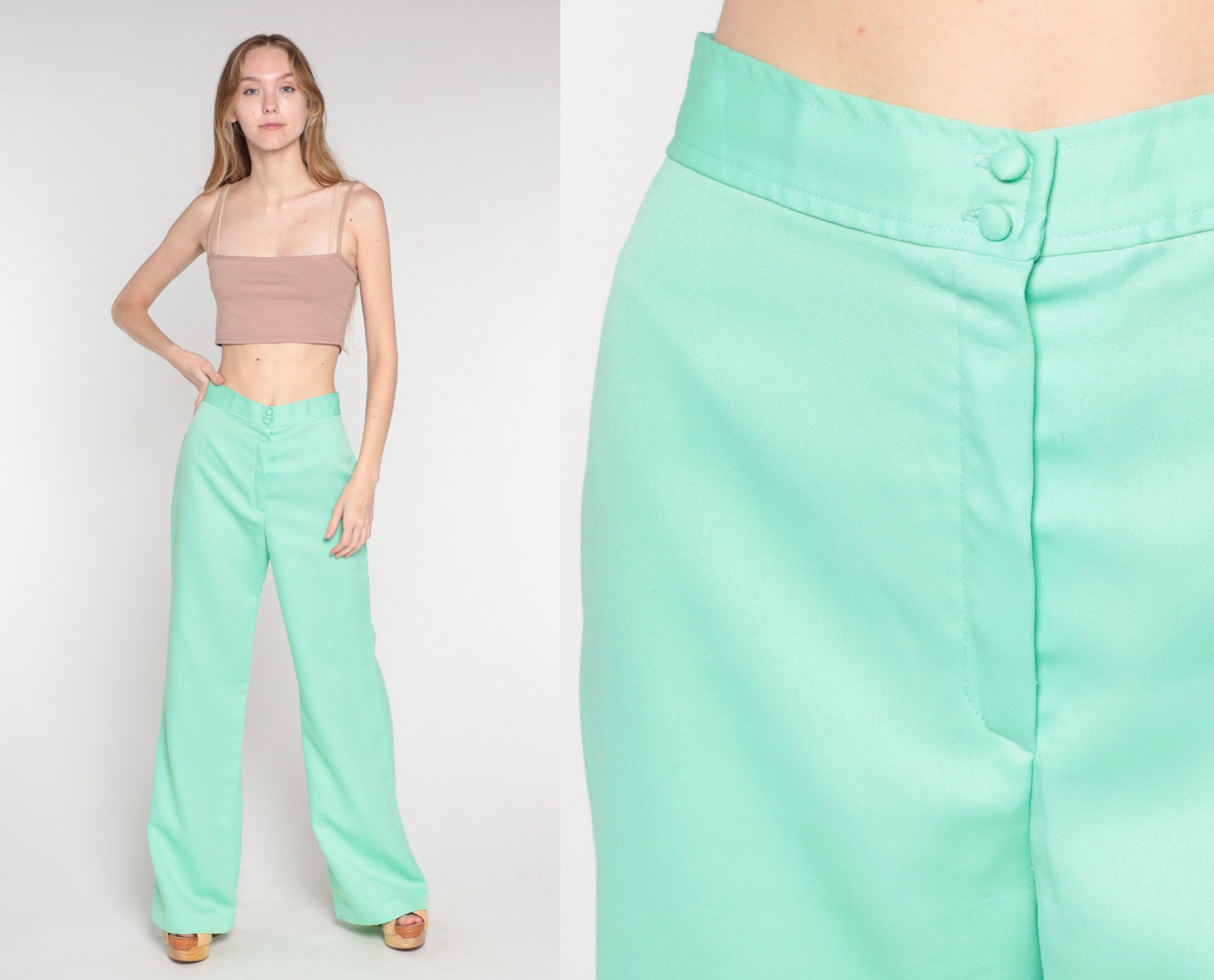 Mint Trousers 70S Wide Leg Pants Retro Straight High Rise Waisted Simple Preppy Bellbottoms Flared Seventies Vintage 1970S Small 26