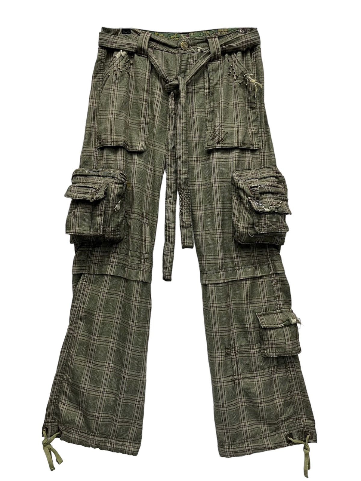 Miss Me Cyber24 3D Multipocket Green Plaid Cargo Pants, Women's (Size 30)