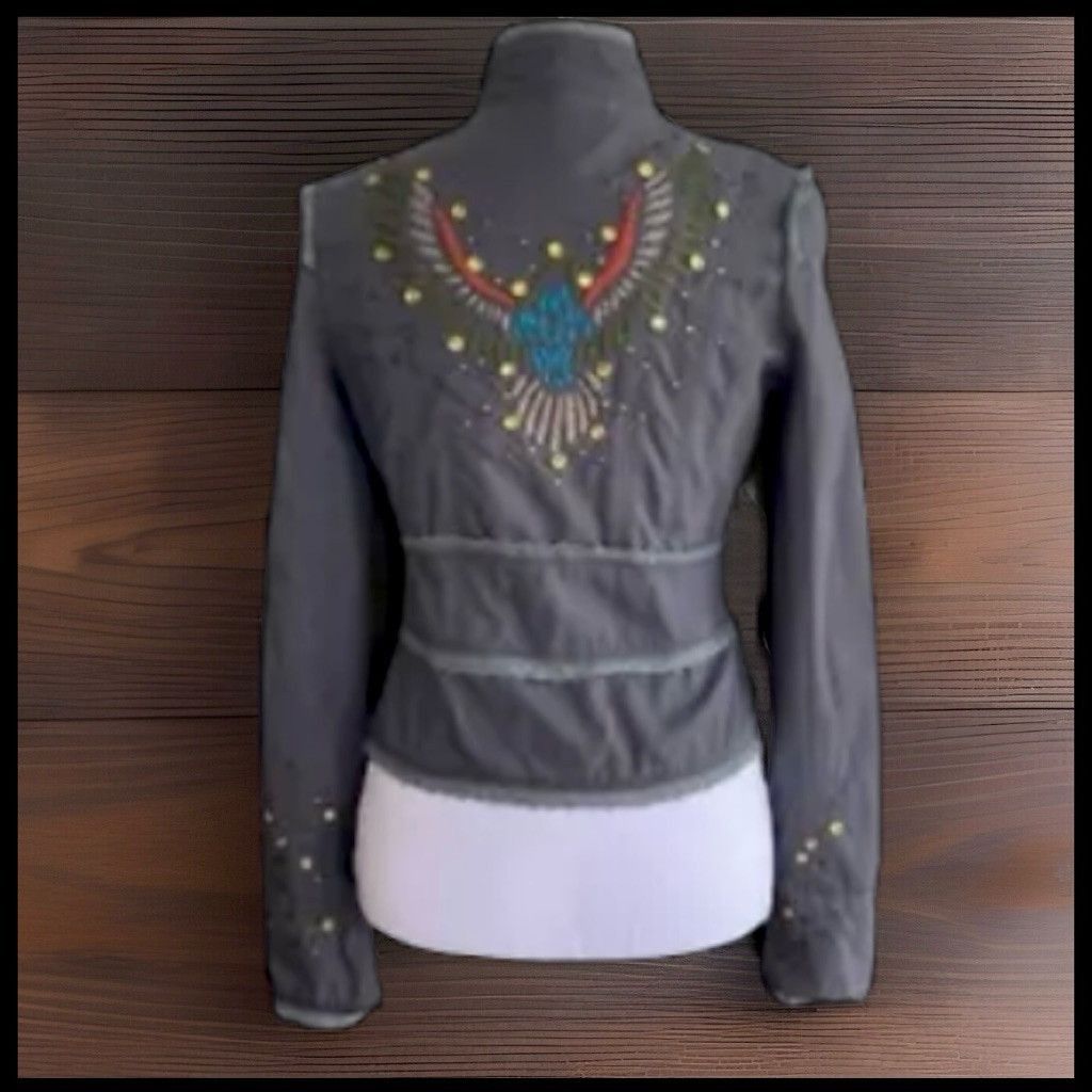 Miss Me Y2K Military Jacket Rhinestones & Embroidery in Grey, Women's (Size Small)