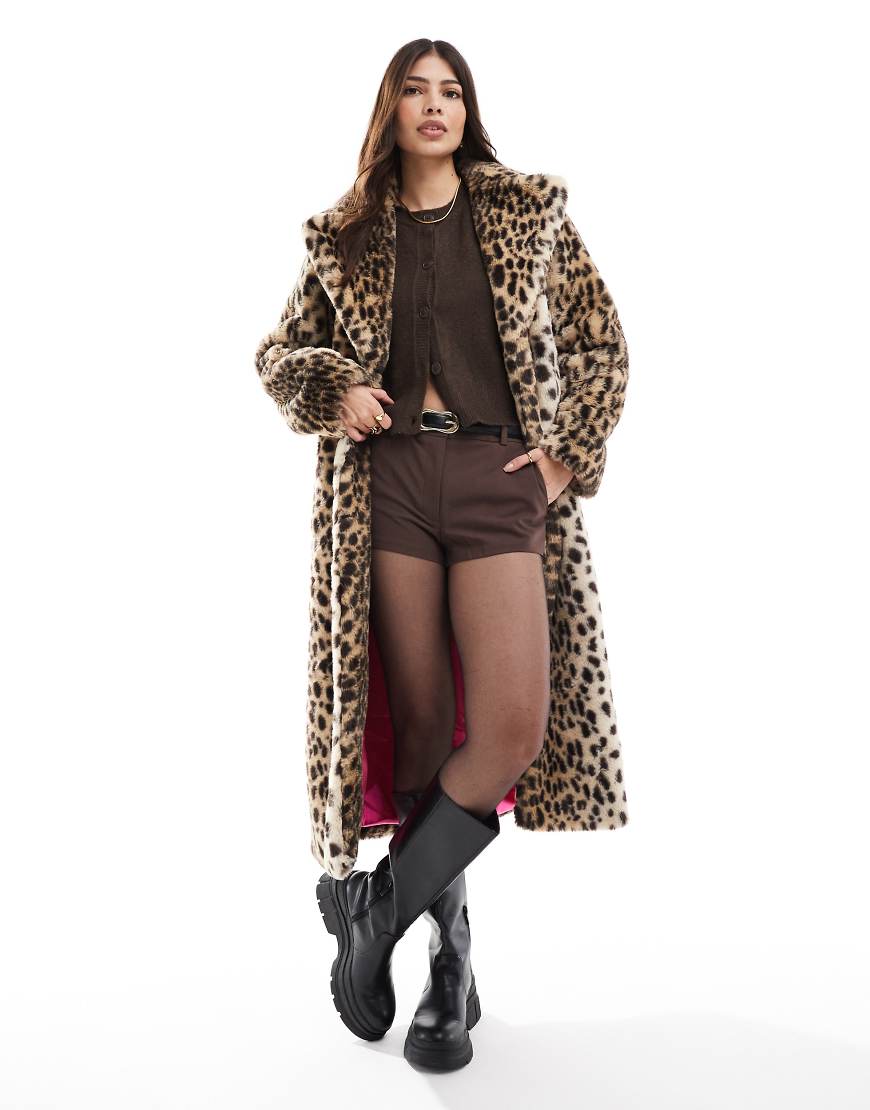 Miss Selfridge leopard faux fur maxi coat-Multi