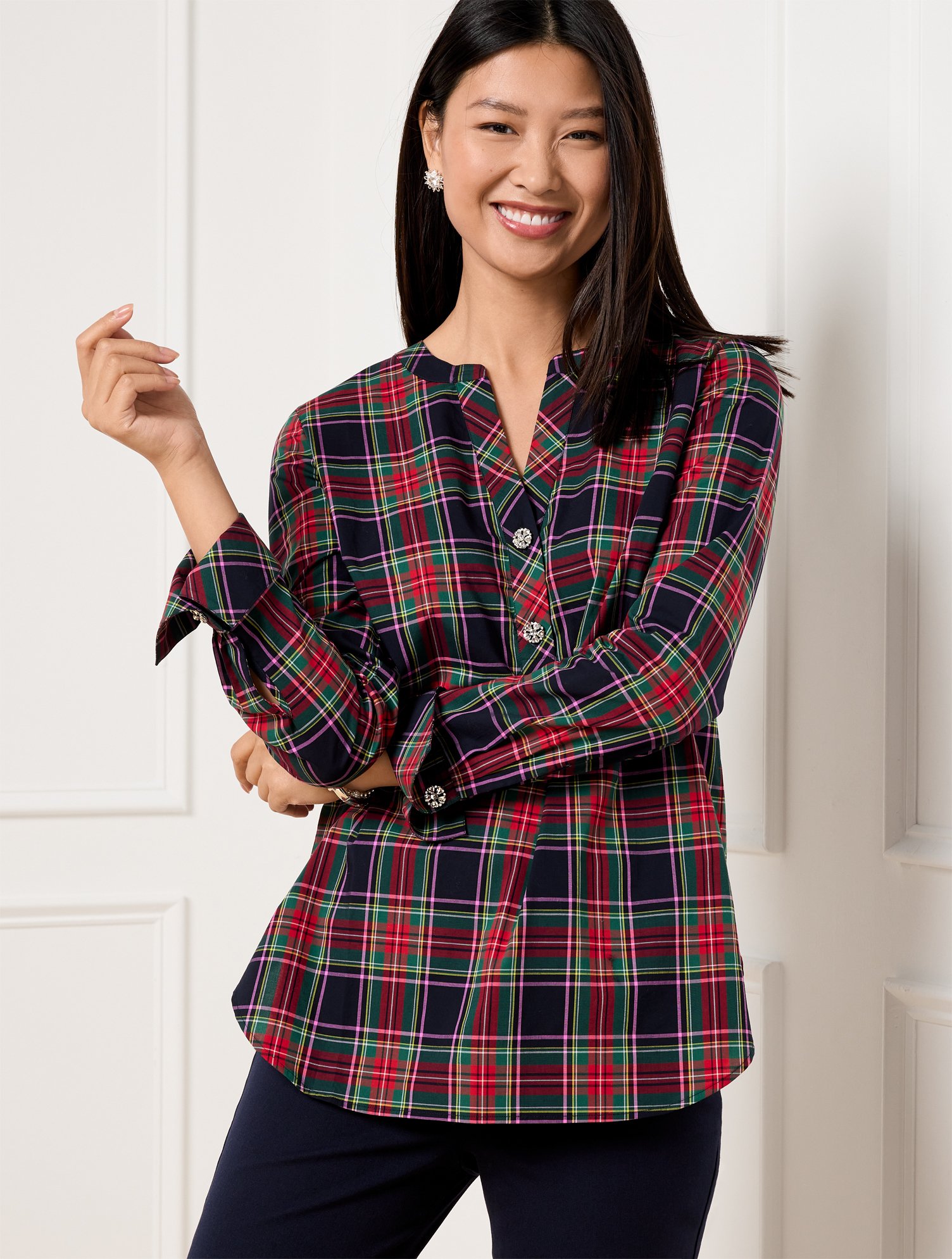 Misses - Band Collar Tunic Top - Dashing Plaid - Indigo - XS Talbots