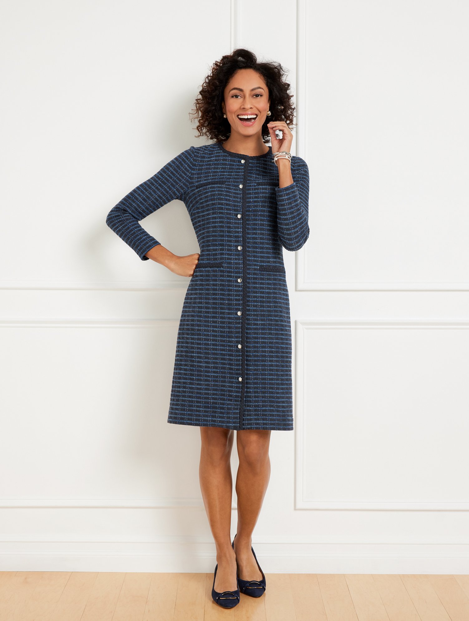 Misses - Button A-Line Dress - Tweedy Check - Blue - 4 Talbots