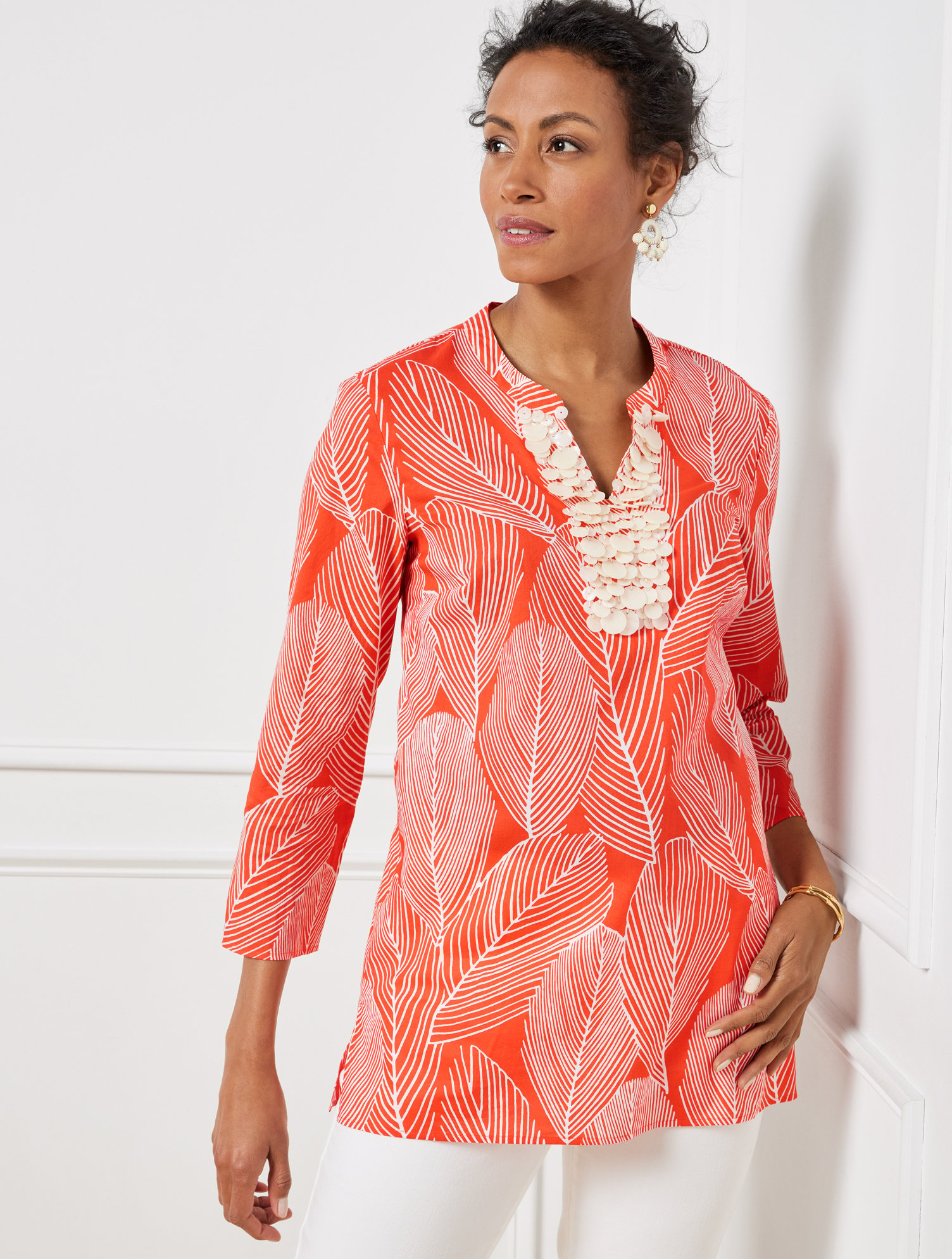 Misses - Embellished Palm Tunic Top - Tiger Lily Orange/White - XS - 100% Cotton Talbots