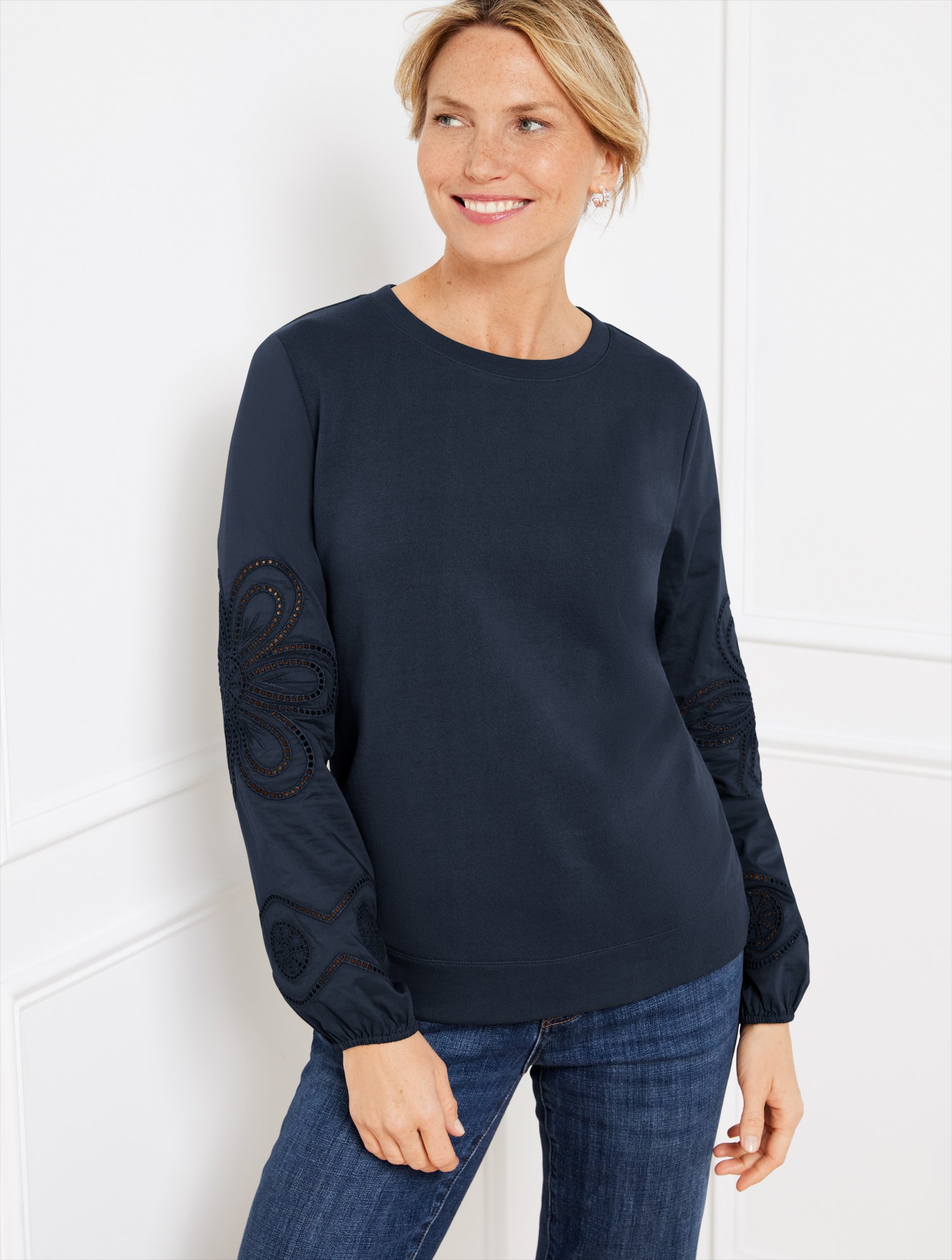 Misses - Embroidered Crewneck Sweatshirt - Blue - XS Talbots