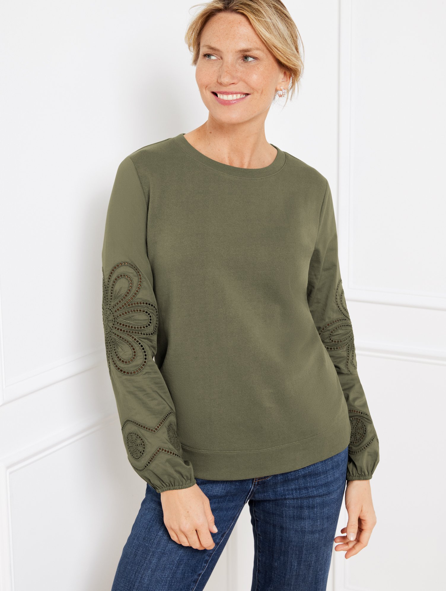 Misses - Embroidered Crewneck Sweatshirt - Burnt Olive - Small Talbots