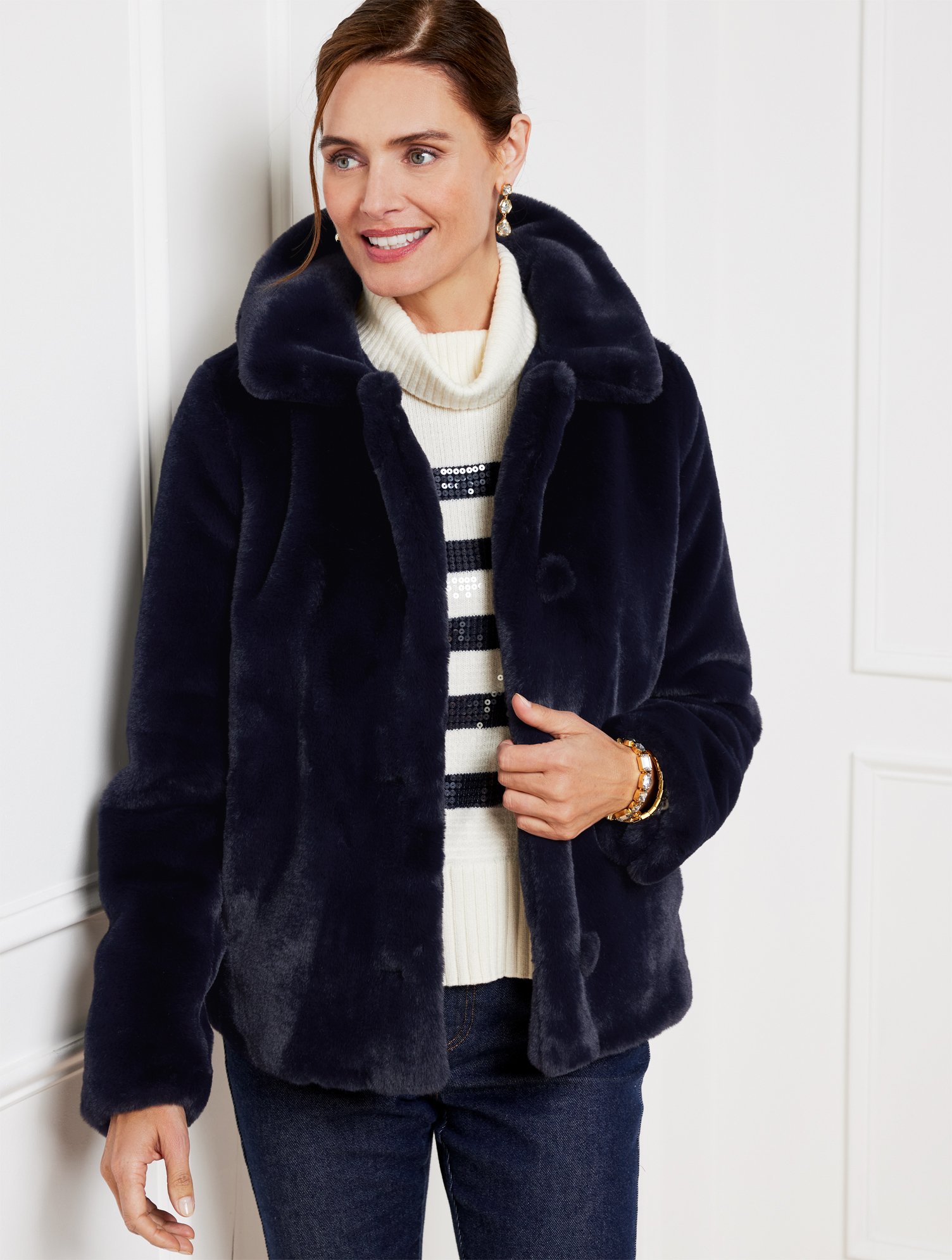 Misses - Faux Fur Coat - Blue - Small Talbots