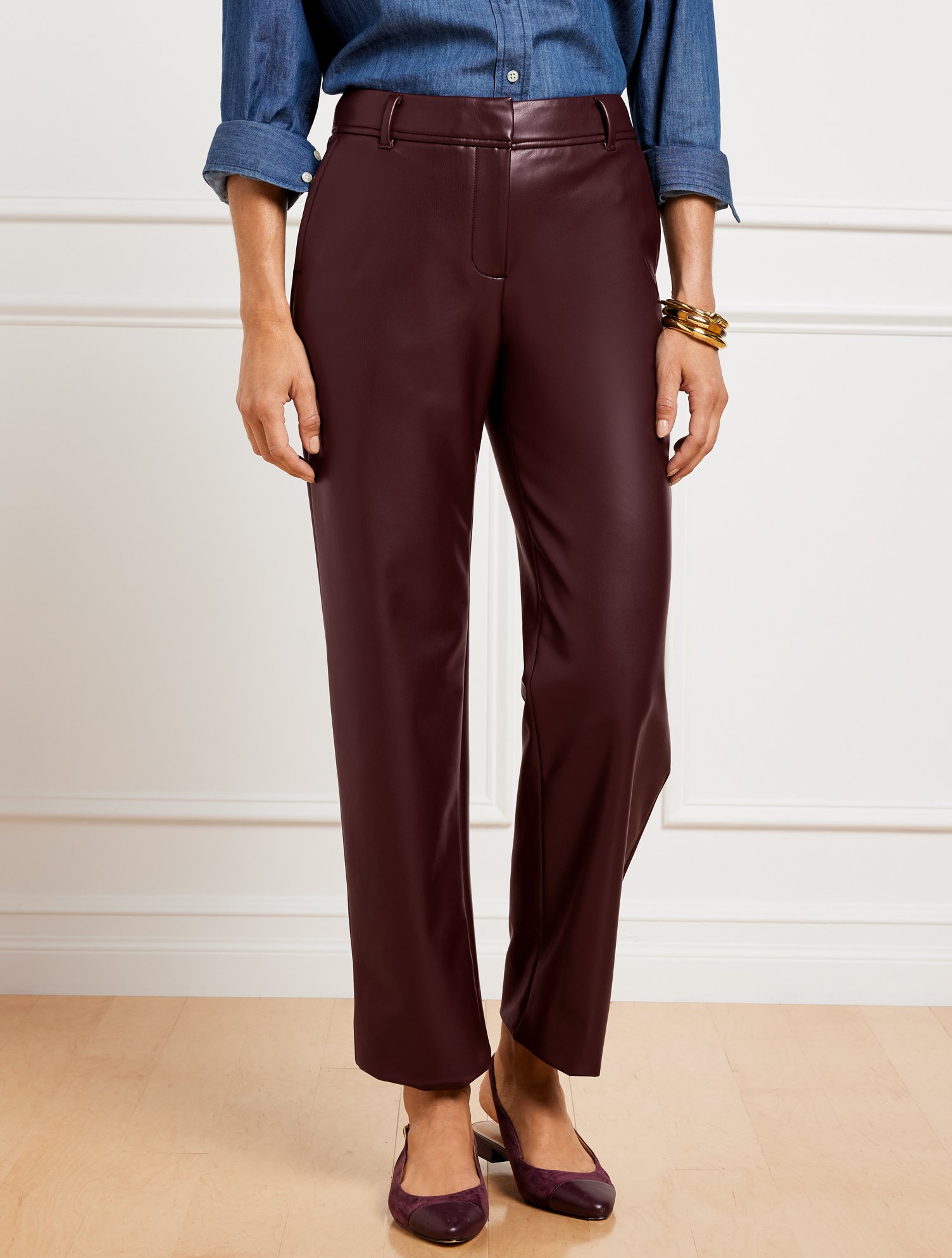 Misses - Faux Leather Straight Ankle Pants - Rich Burgundy - 2 Talbots