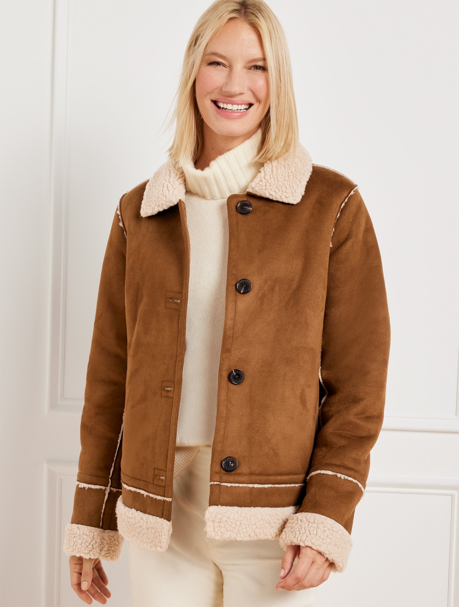 Misses - Faux Shearling Short Teddy Coat - Fall Tobacco - Medium Talbots