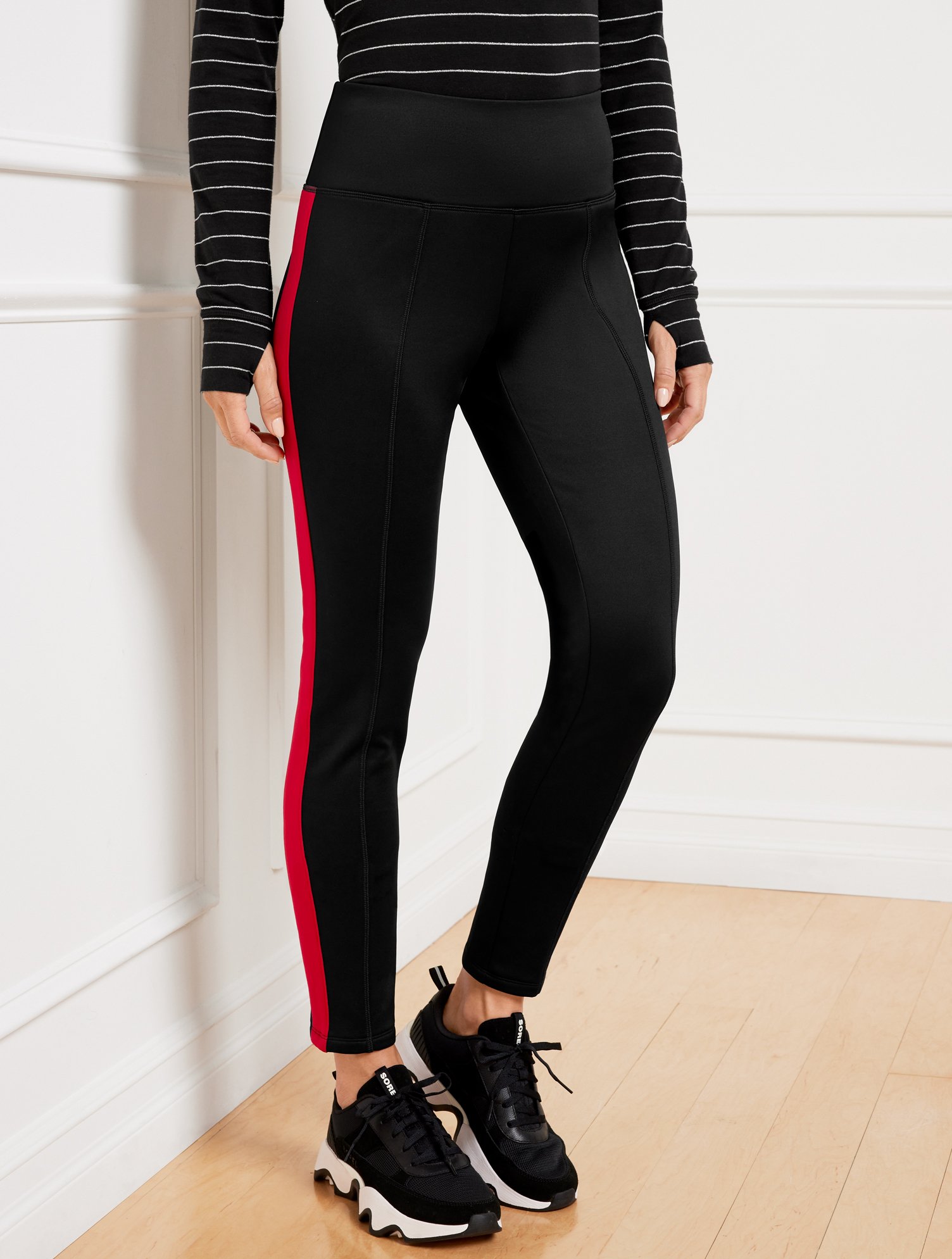 Misses - Fleece Back Leggings - Side Stripe - Black/Red - XS Talbots