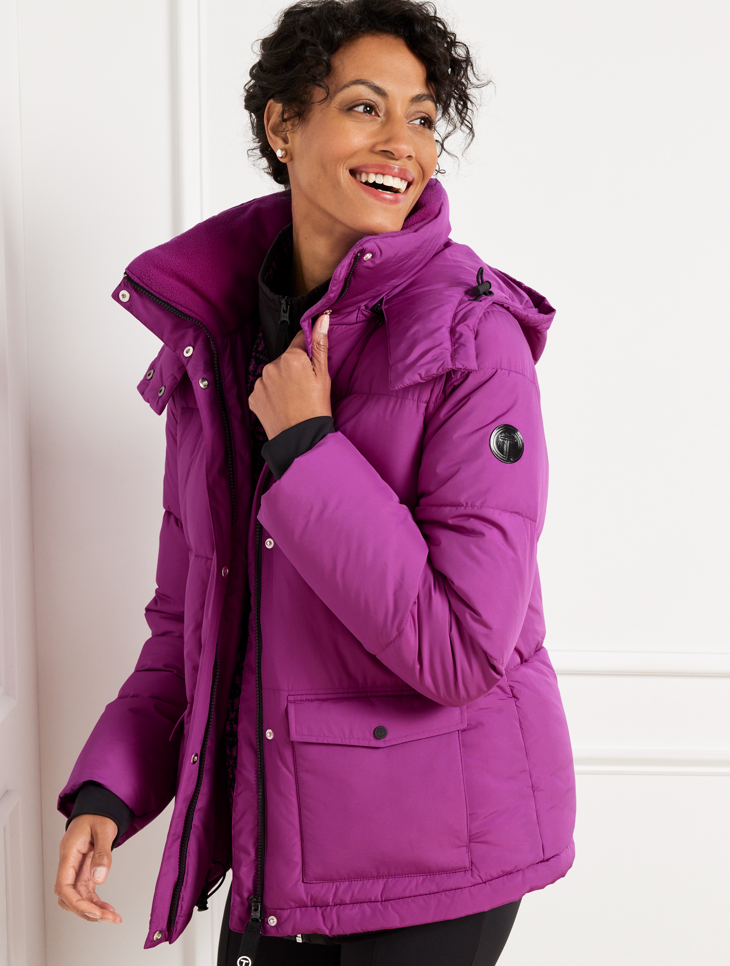 Misses - Fleece-Lined Hooded Quilted Puffer Coat - Radiant Violet - XS Talbots