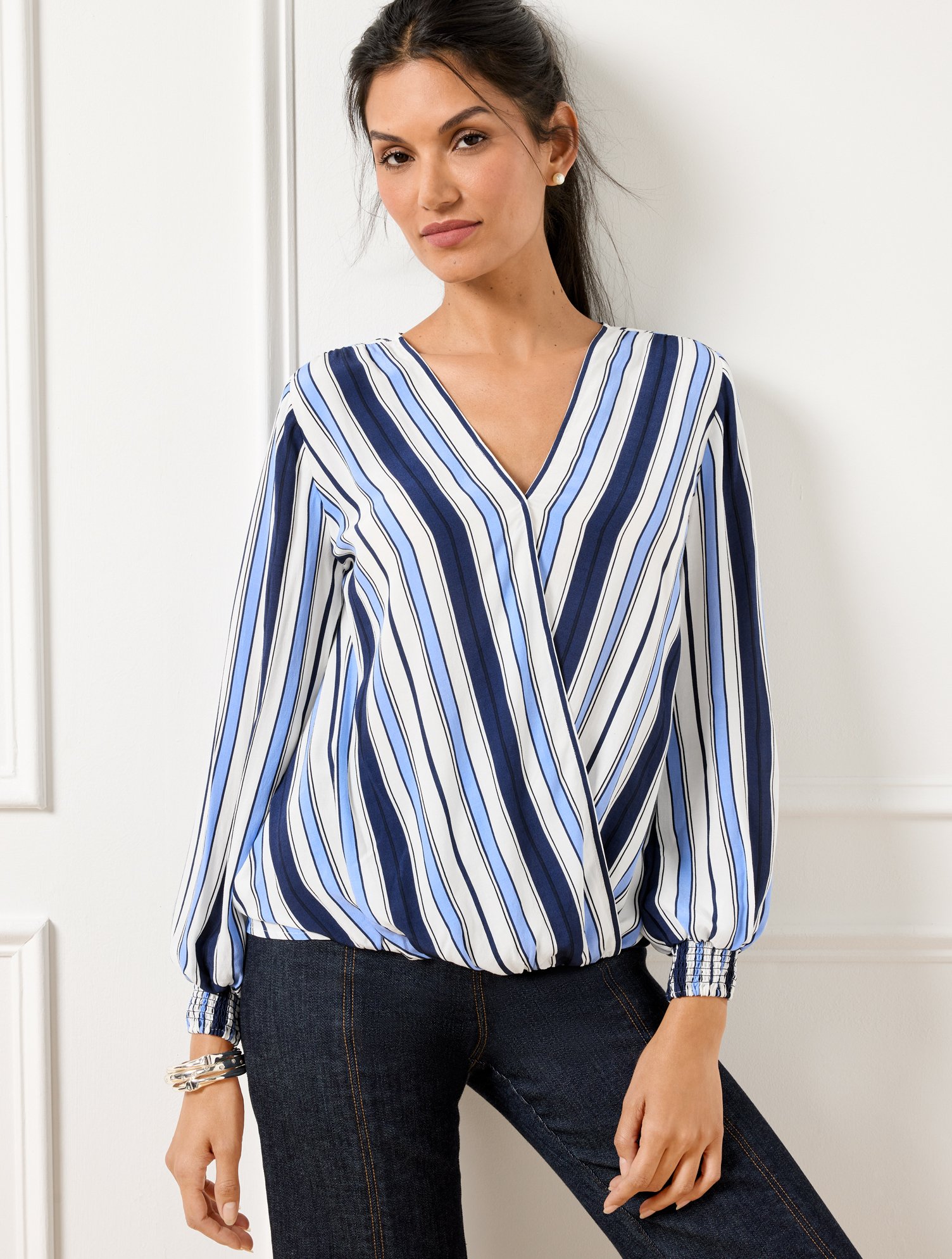 Misses - Happy Stripe Wrap Top - Vista Blue - XS Talbots