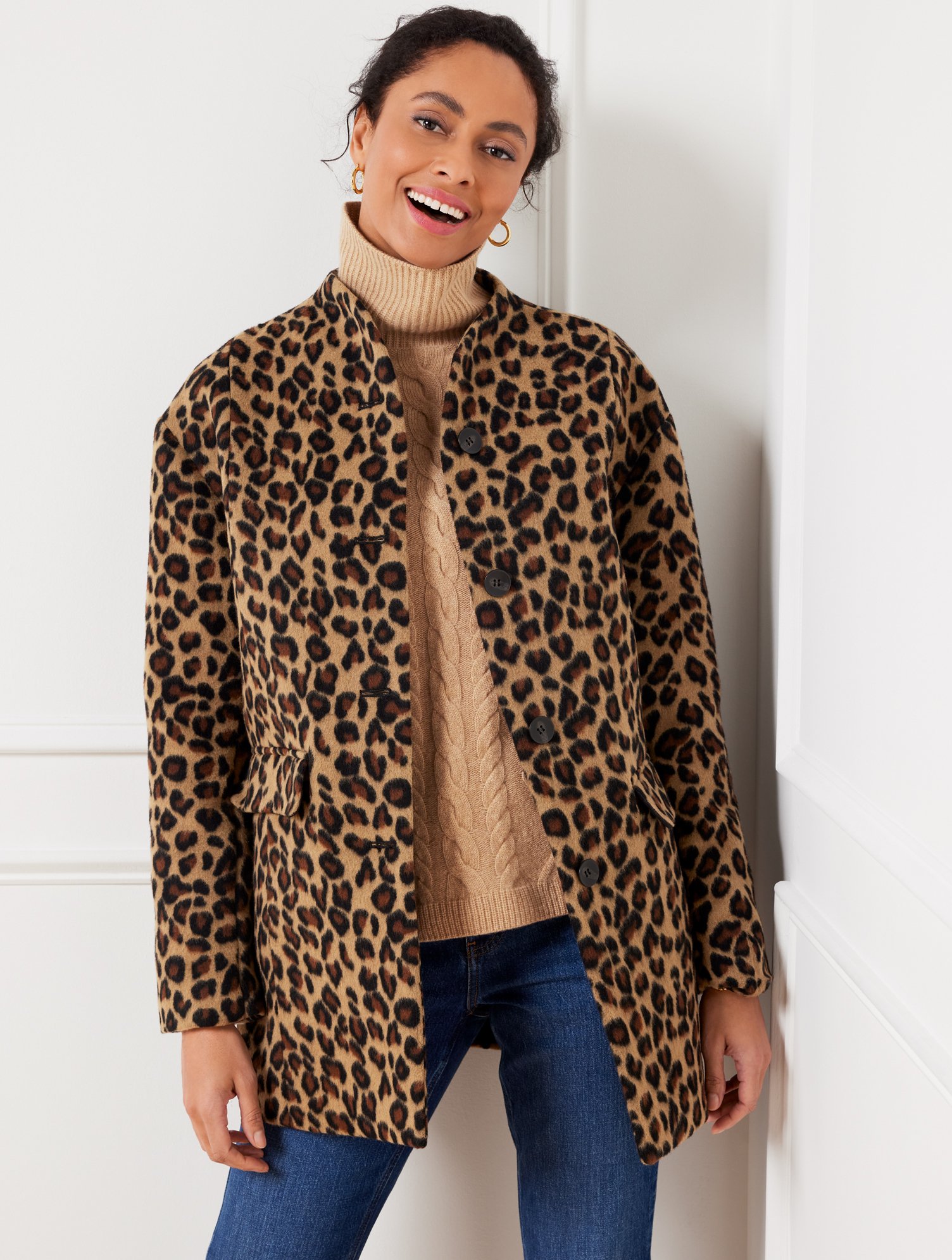 Misses - Leopard Wool Blend Coat - Camel/Black/Brown - XS Talbots