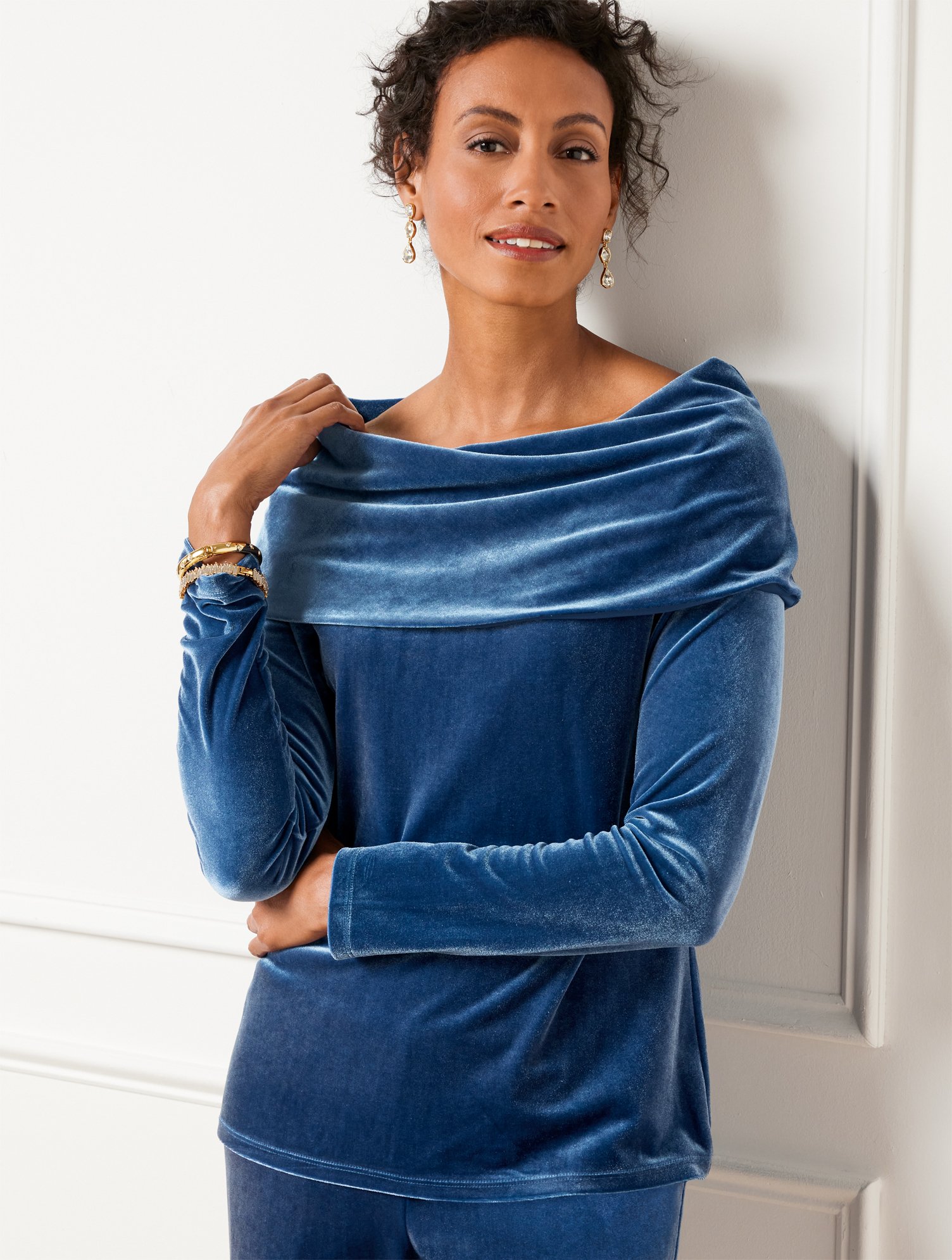 Misses - Off-The-Shoulder Stretch Velvet Top - Radiant Sapphire - XL Talbots