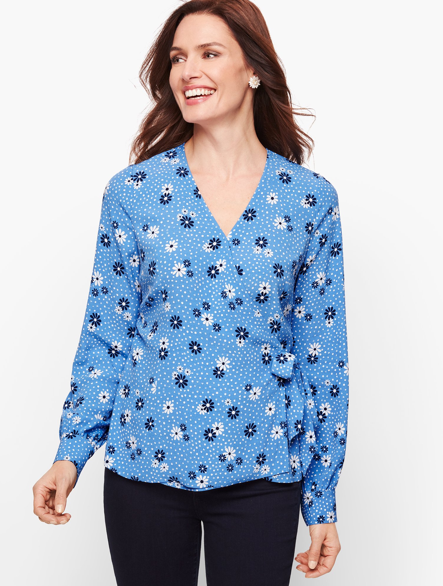 Misses - Poet Sleeve Wrap Top - Flowers & Dots - Blue Wave - XS Talbots