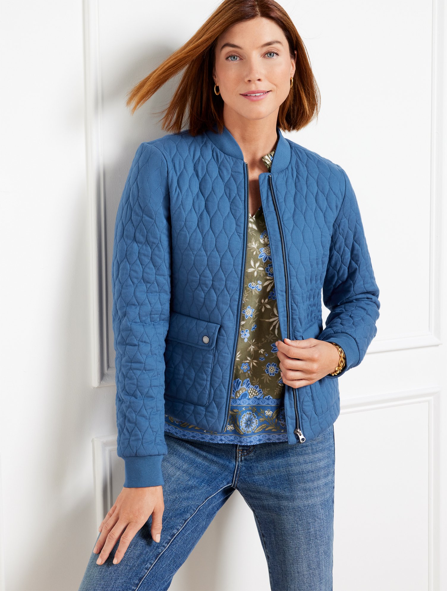 Misses - Quilted Bomber Jacket - Navy Blue Dusk - XS - 100% Cotton Talbots