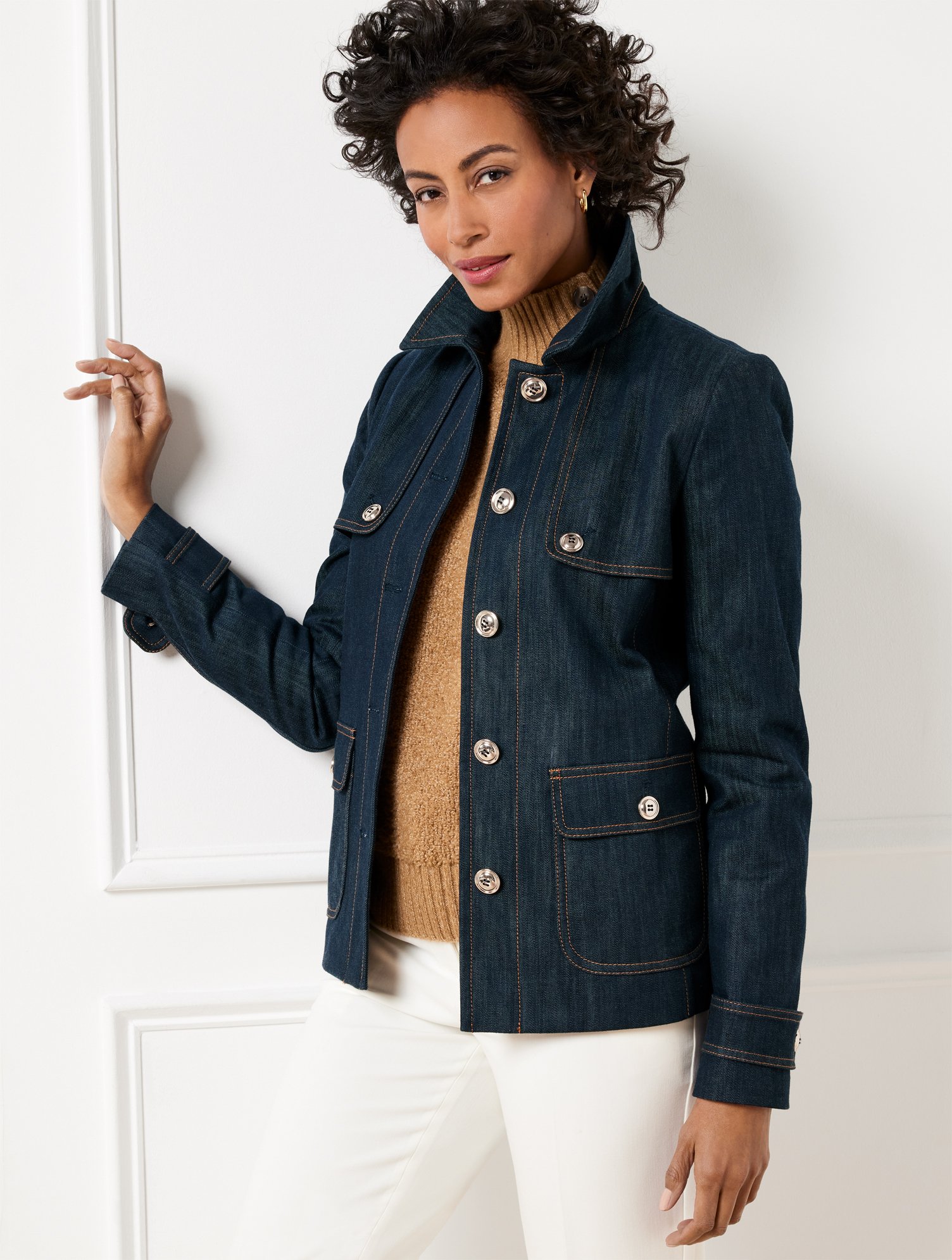 Misses - Refined Denim Short Trench Coat - Indigo - XS Talbots