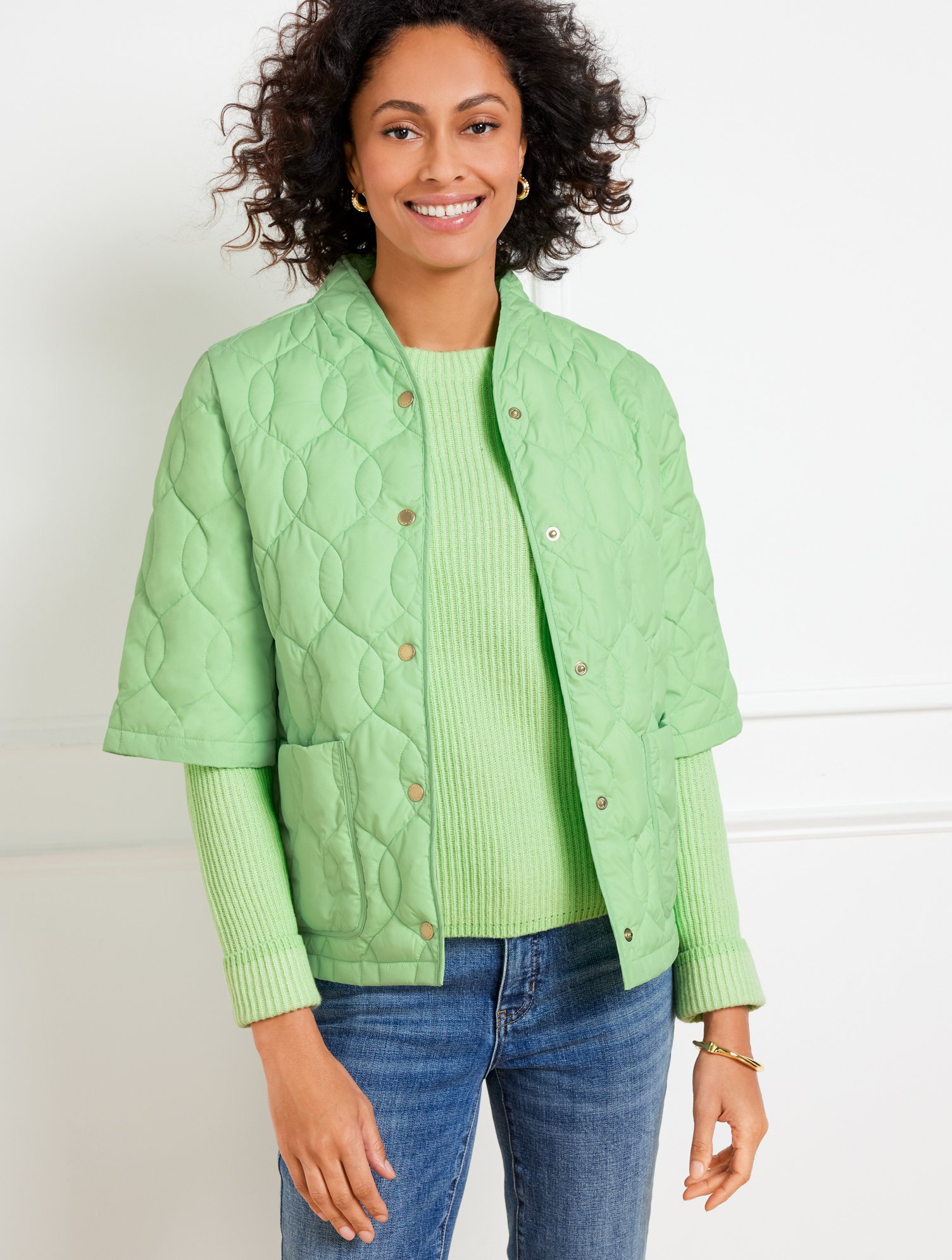 Misses - Short Sleeve Quilted Puffer Jacket - Pistachio Green - XS Talbots