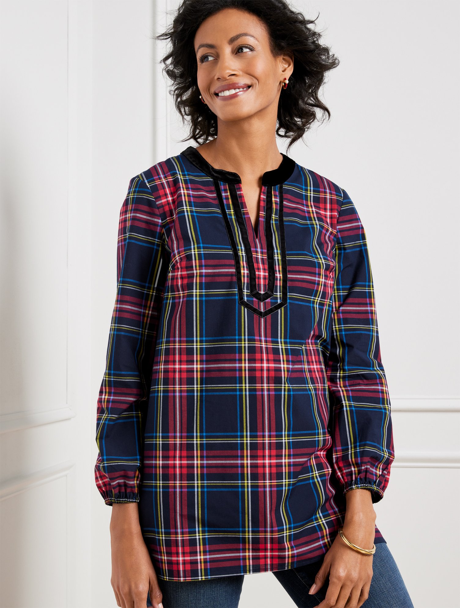 Misses - Split Neck Tunic Top - Cabin Plaid - Red - XS - 100% Cotton Talbots