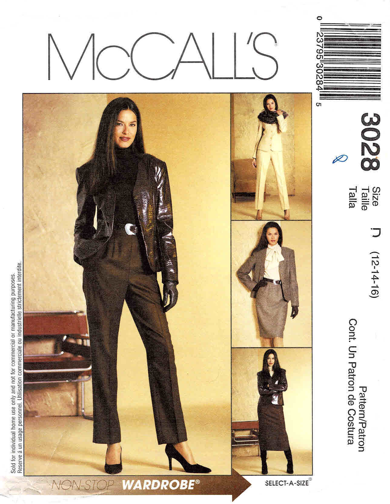 Misses Synthetic Leather Jacket Blouse Skirt & Pants Mccalls 3028 Vintage Sewing Pattern Size 12 - 14 16 Bust 34 36 38 Uncut