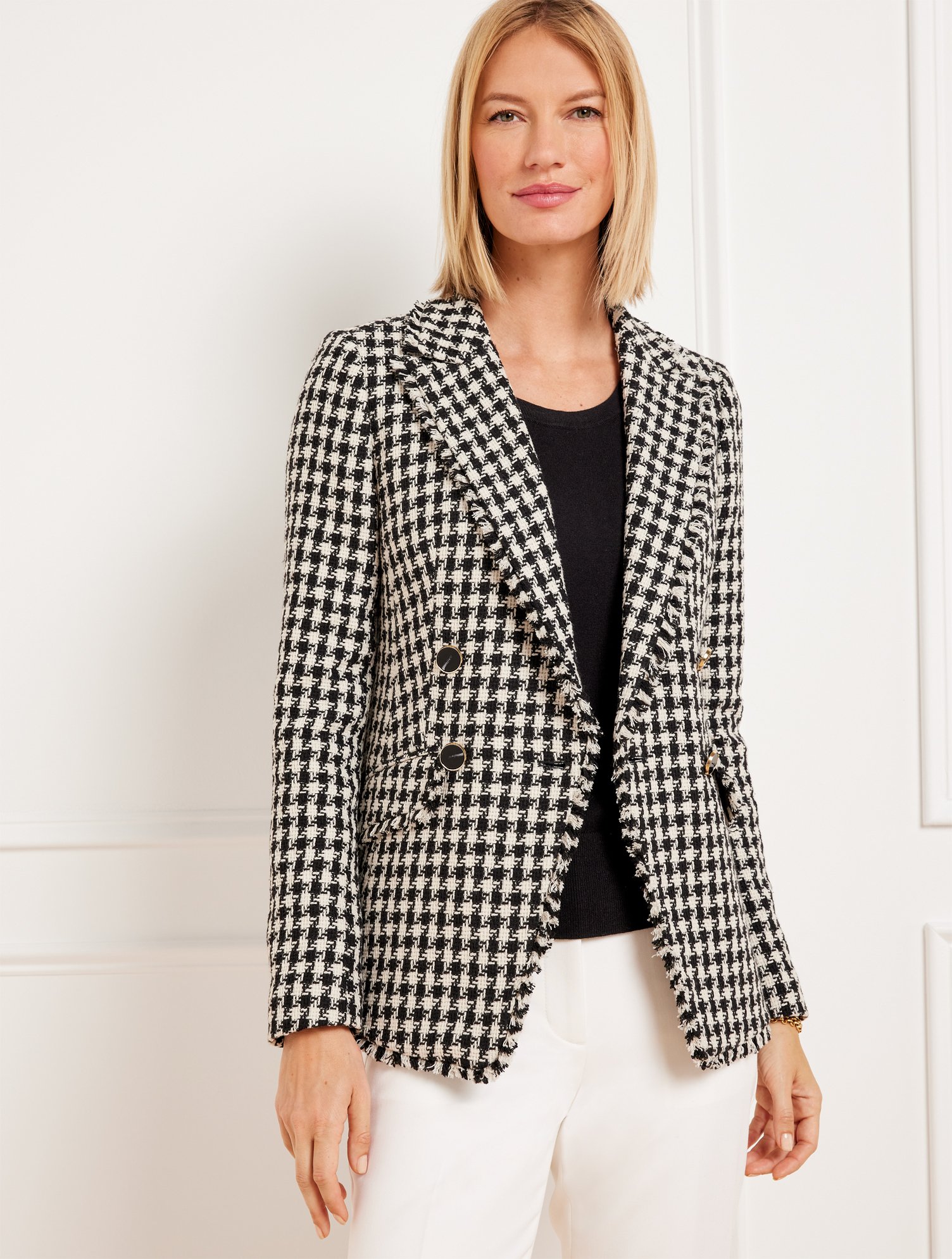 Misses - Tweed Double Breasted Blazer - Houndstooth - Black/Ivory - 2 Talbots