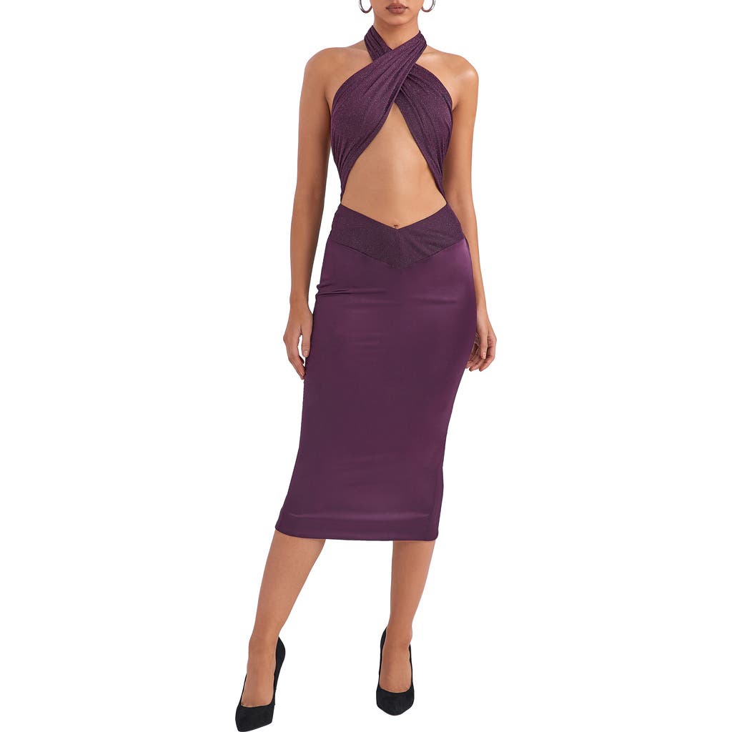 Mistress Rocks Peekaboo Glitter Mesh & Satin Halter Neck Body-Con Dress in Aubergine at Nordstrom, Size Medium