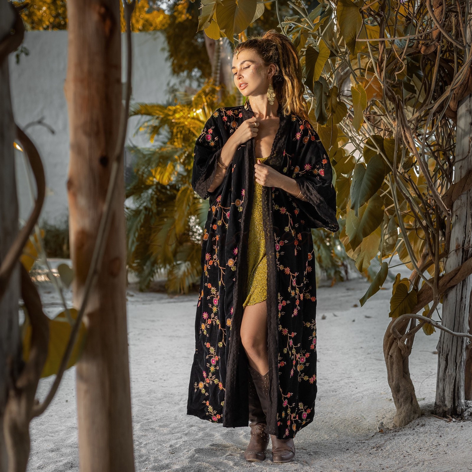 Misty Enchantment Long Velvet Kimono Duster Coat - One Plus Size Luxury For Special Events