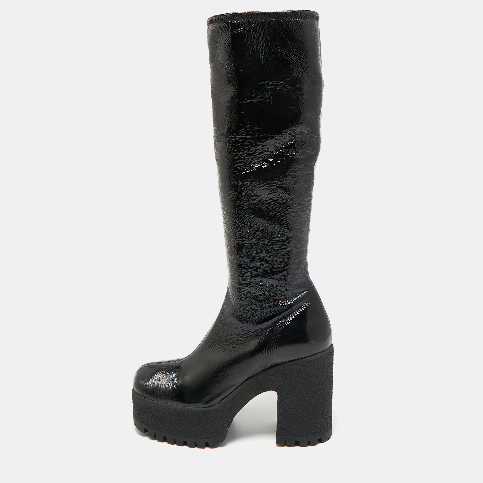 Miu Miu Black Patent Leather Block Heel Platform Knee Length Boots Size 39.5